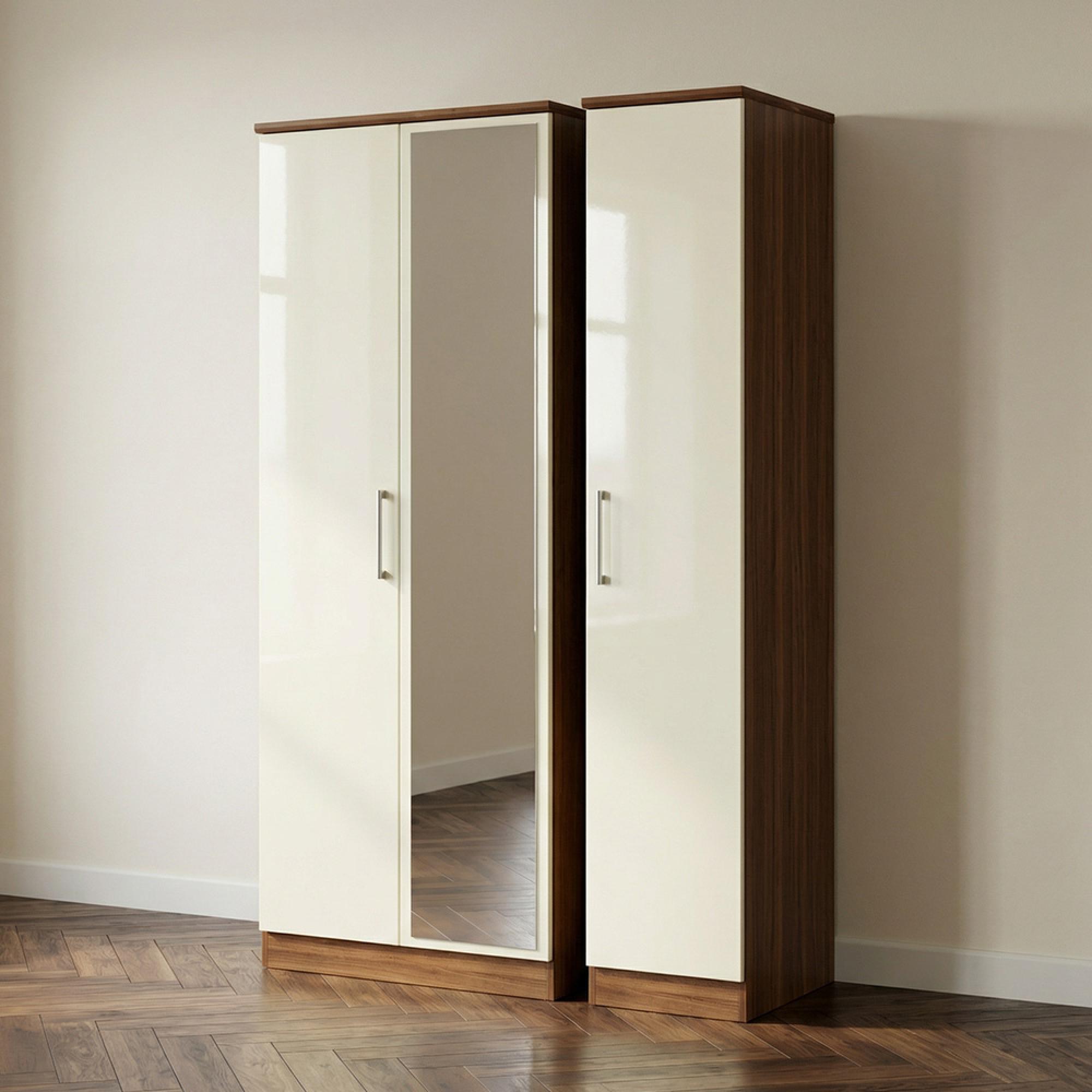 Knightsbridge Wardrobe - 3 Door - 1 Mirror - Triple - Tall - Cream Gloss and Walnut