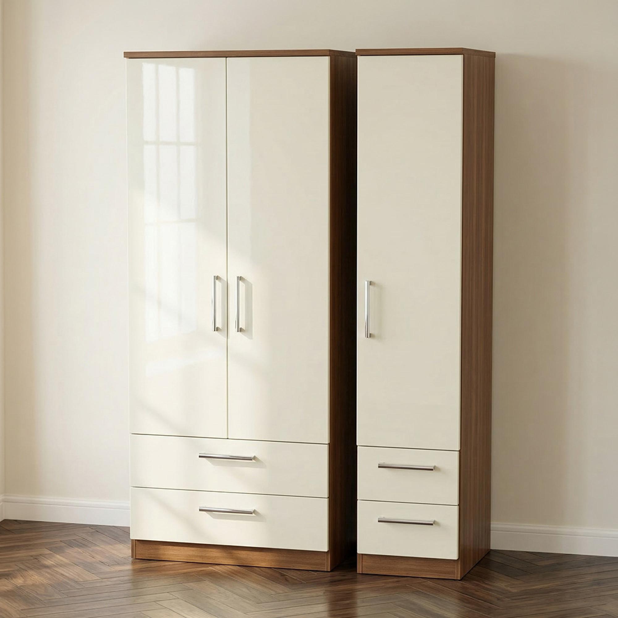 Knightsbridge Wardrobe - 3 Door - 4 Drawers - Triple - Cream Gloss and Walnut