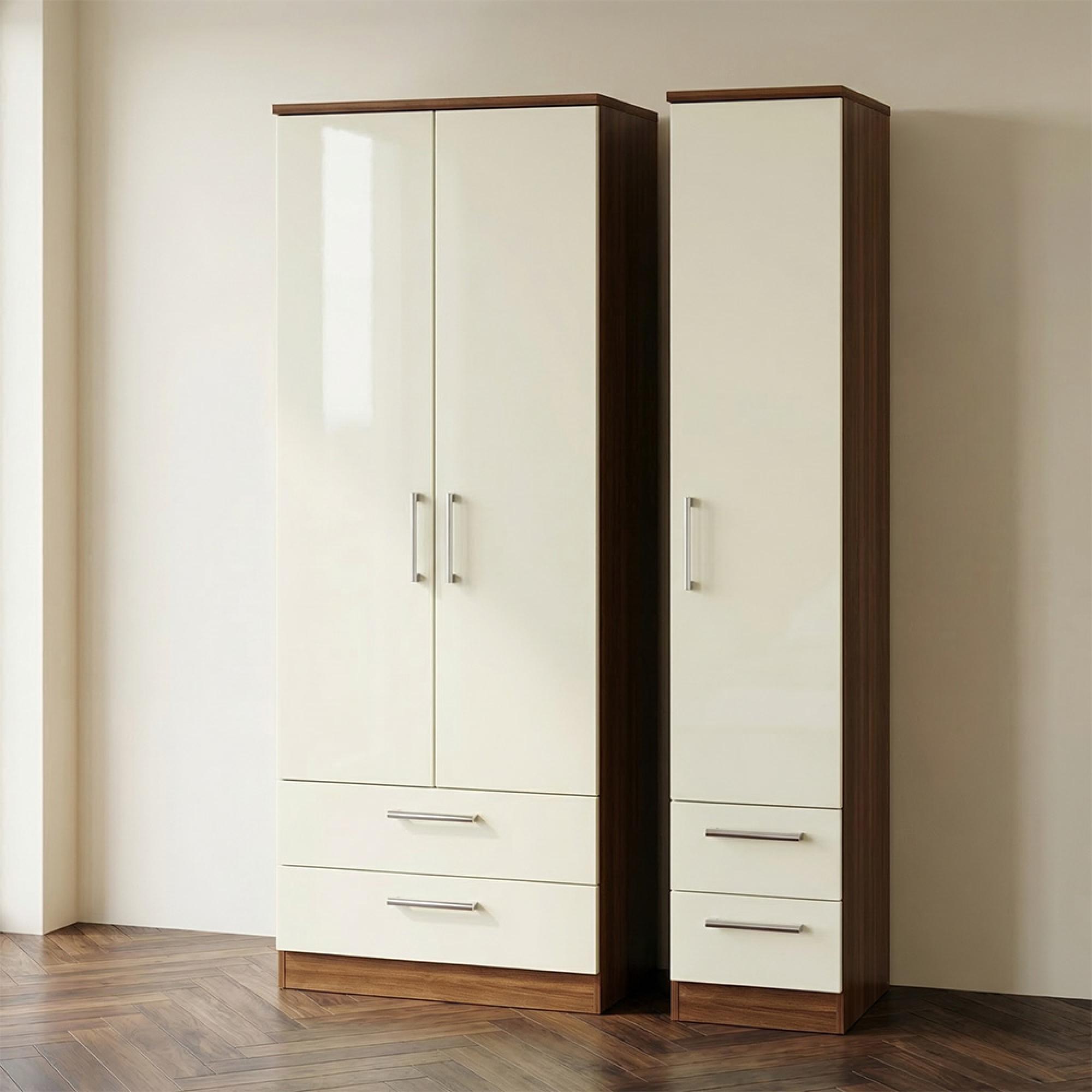 Knightsbridge Wardrobe - 3 Door - 4 Drawers - Triple - Tall - Cream Gloss and Walnut