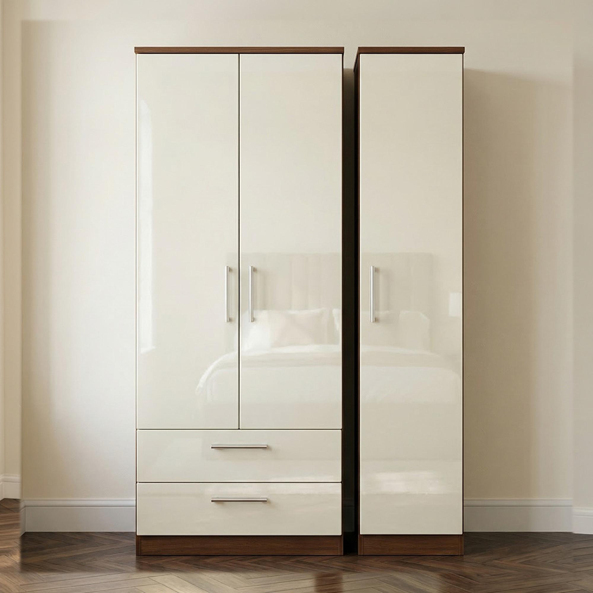Knightsbridge Wardrobe - 3 Door - LHF 2 Drawers - Triple - Cream Gloss and Walnut