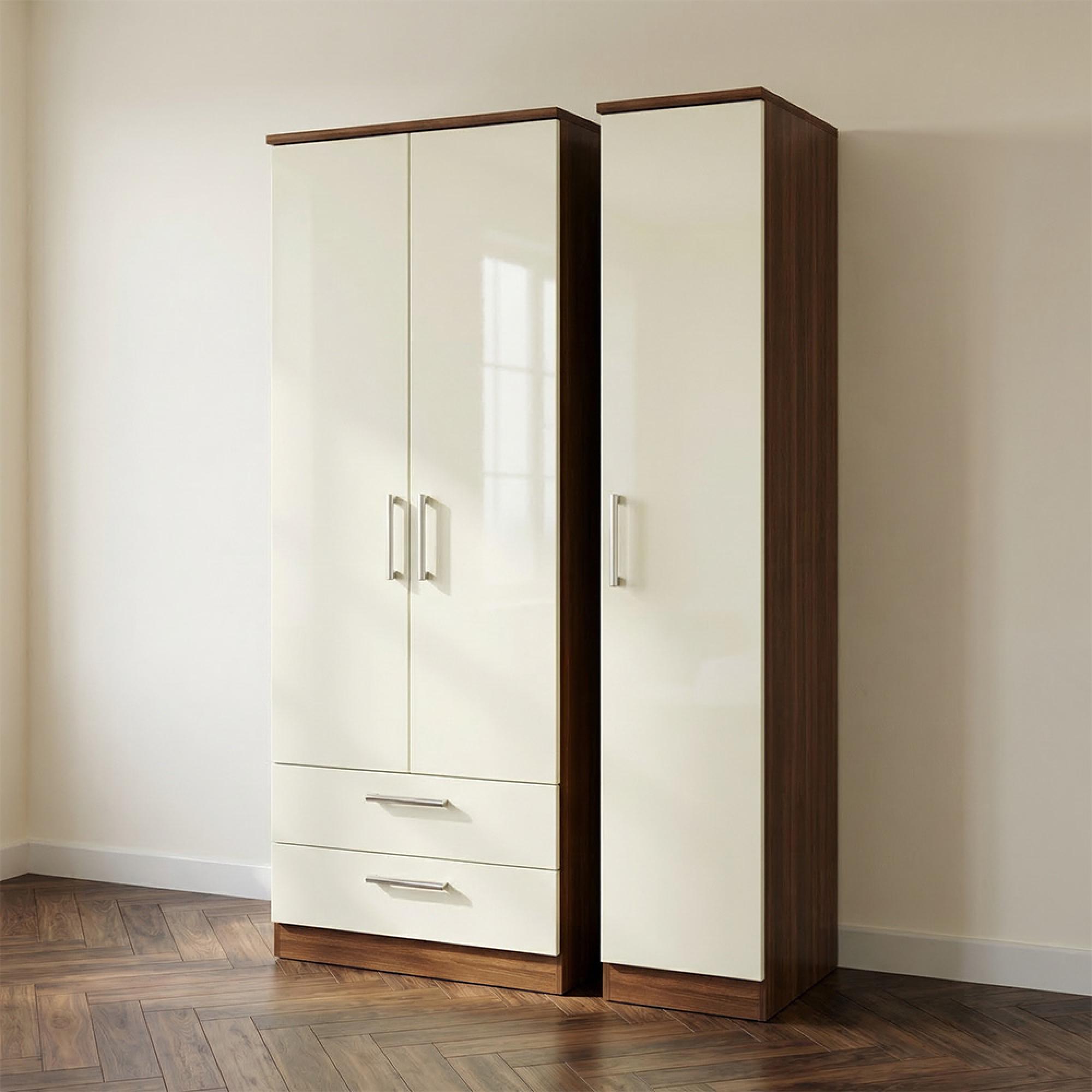 Knightsbridge Wardrobe - 3 Door - LHF 2 Drawers - Triple - Tall - Cream Gloss and Walnut