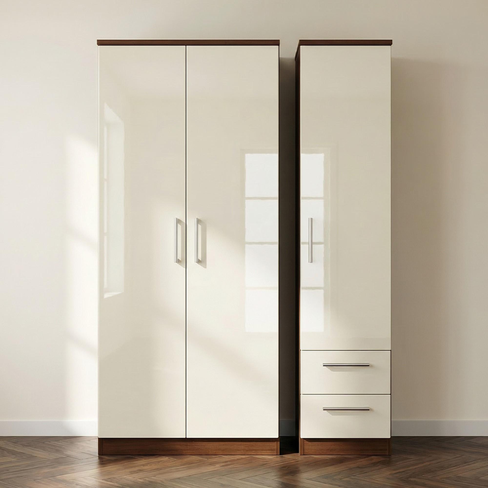Knightsbridge Wardrobe - 3 Door - RHF 2 Drawers - Triple - Cream Gloss and Walnut