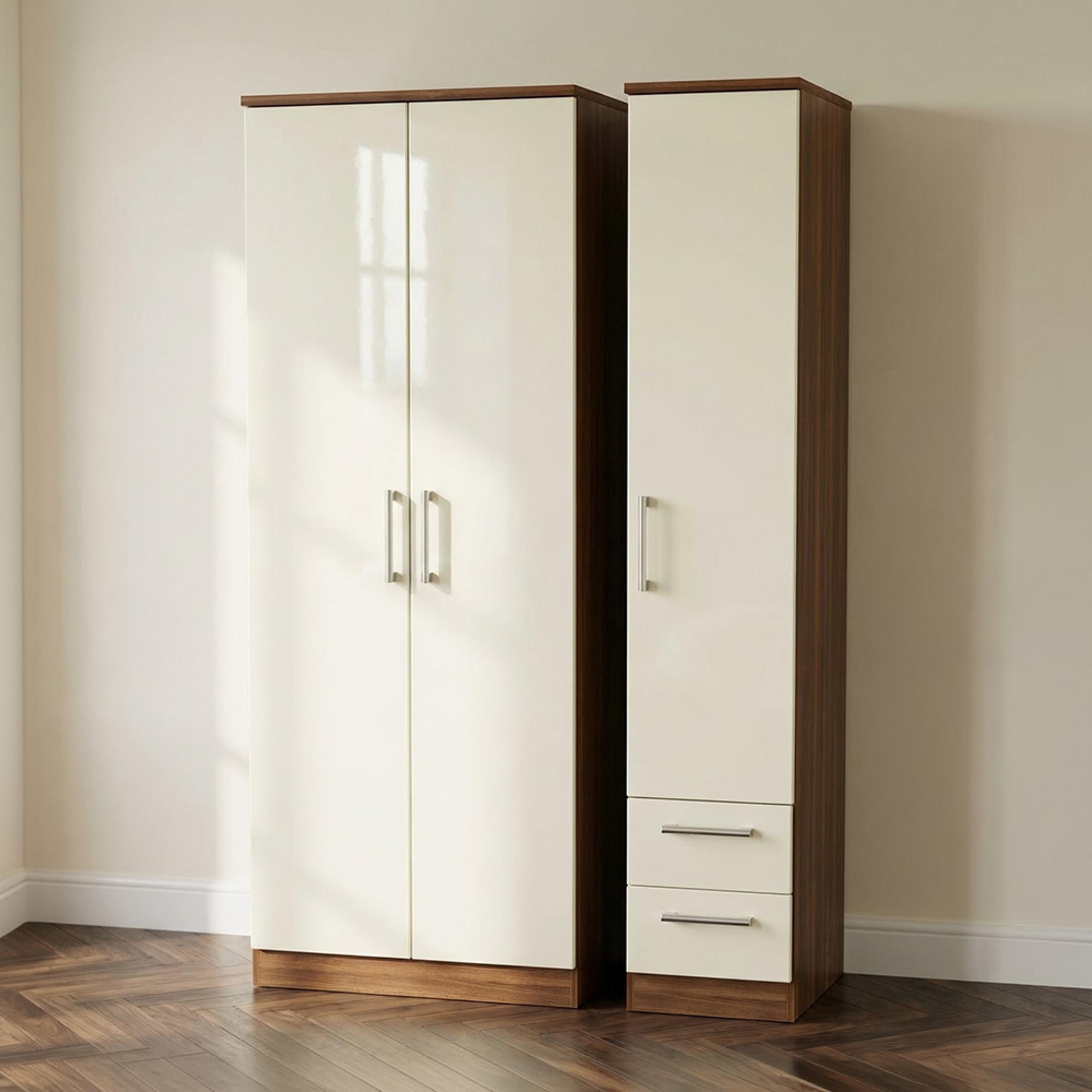 Knightsbridge Wardrobe - 3 Door - RHF 2 Drawers - Triple - Tall - Cream Gloss and Walnut