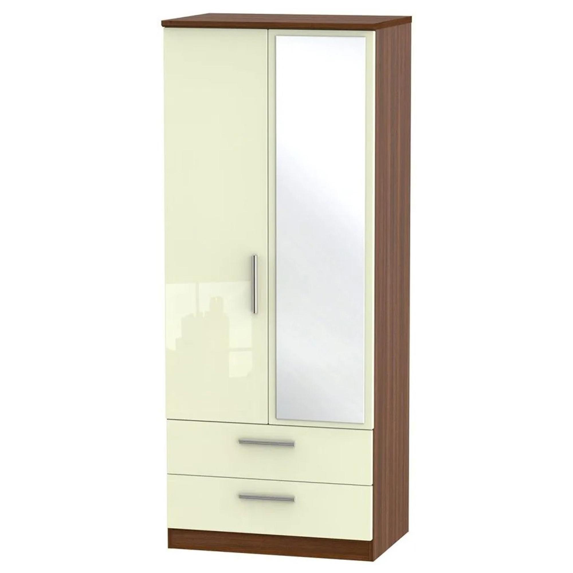 Knightsbridge Wardrobe - 2 Door - 1 Mirror  - Combi - Cream Gloss and Walnut
