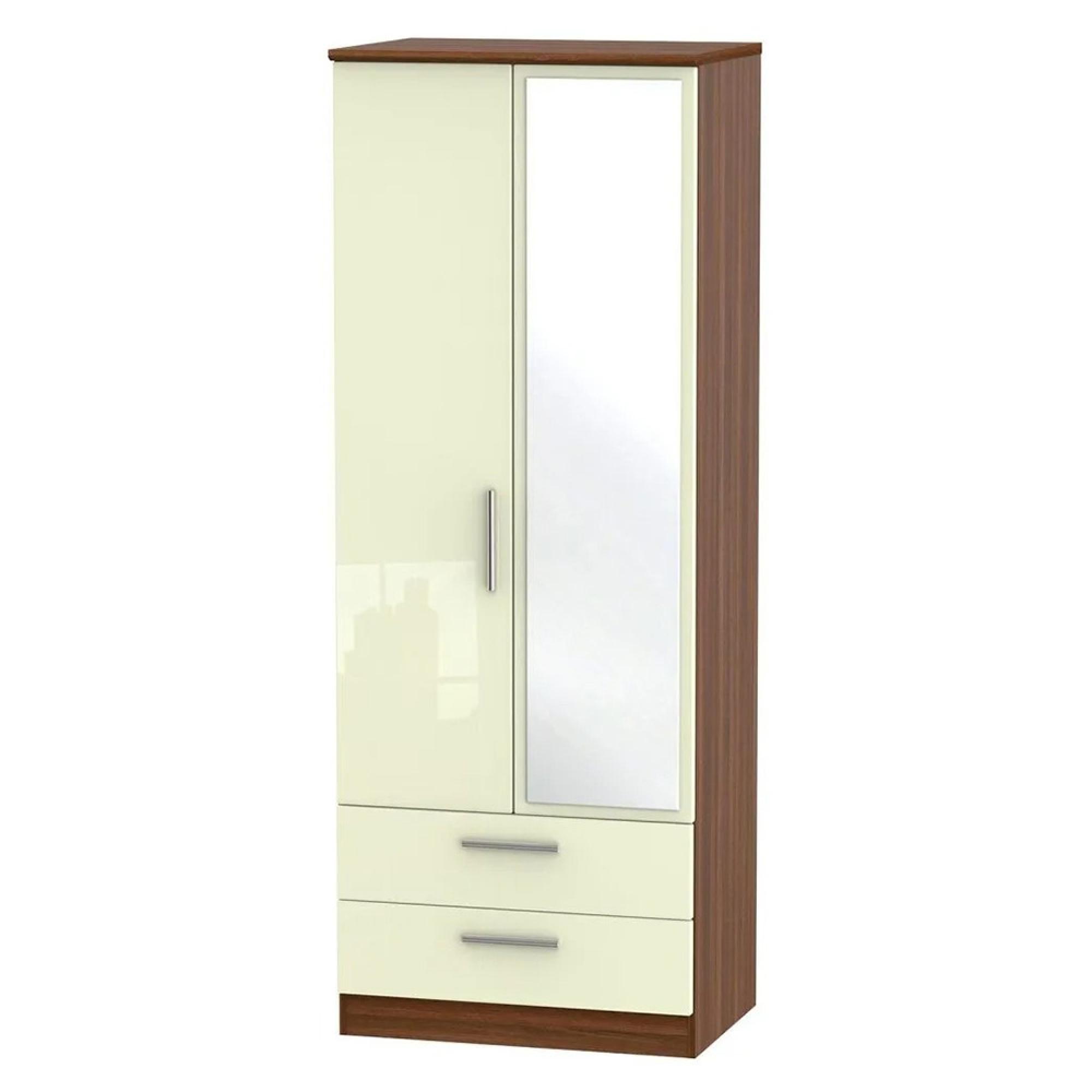 Knightsbridge Wardrobe - 2 Door - 1 Mirror - Combi - Tall - Cream Gloss and Walnut