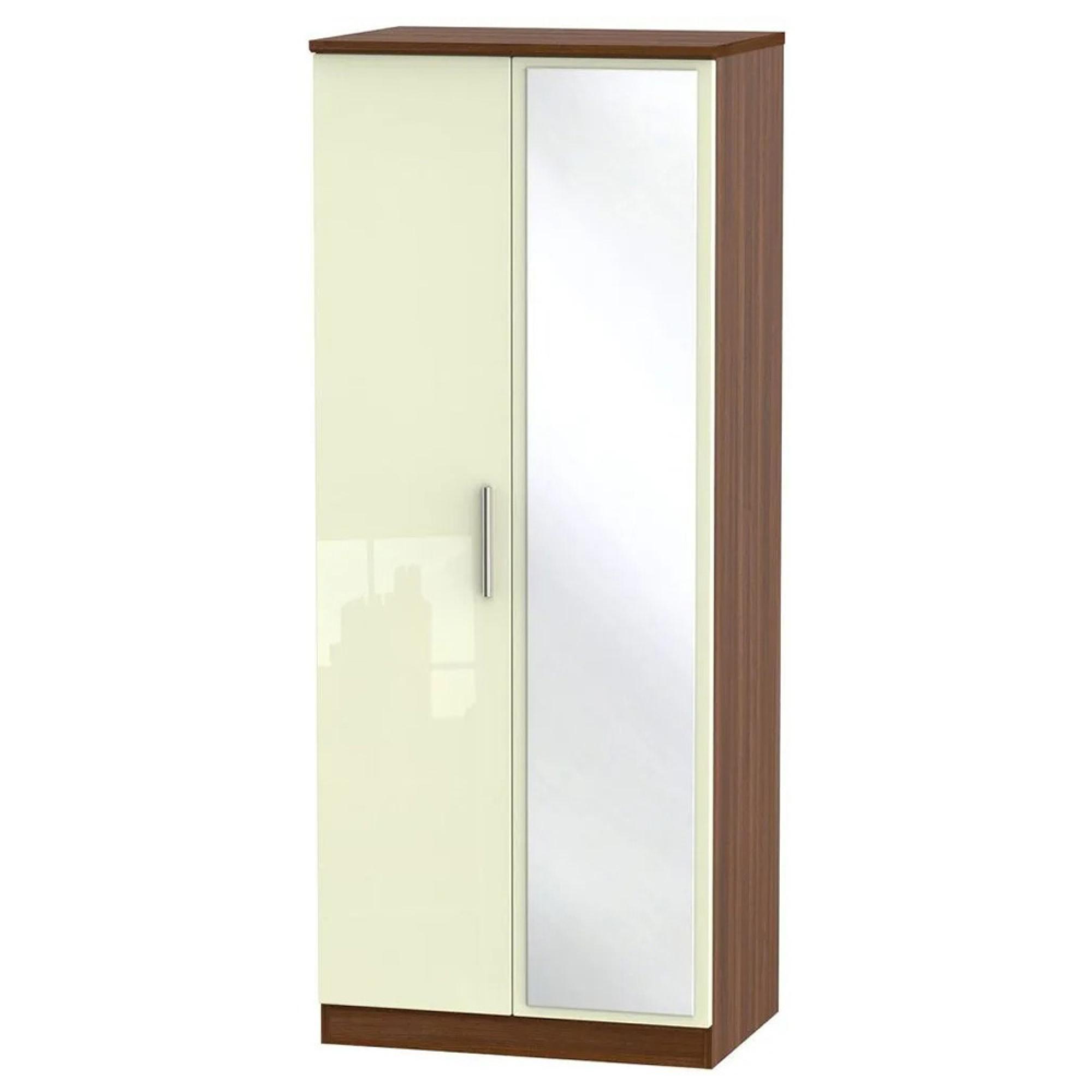 Knightsbridge Wardrobe - 2 Door - 1 Mirror - Cream Gloss and Walnut