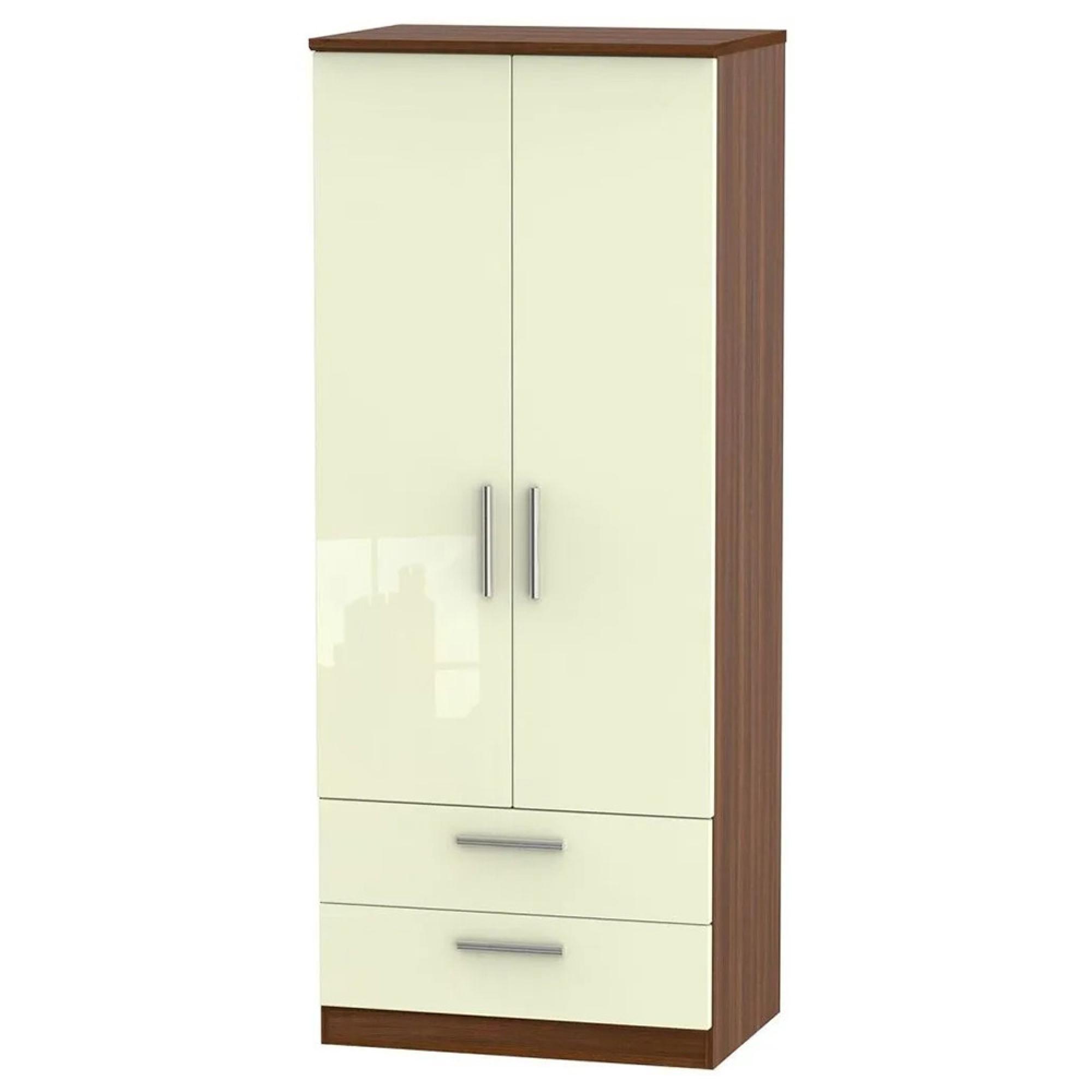 Knightsbridge Wardrobe - 2 Door - 2 Drawer - Double - Cream Gloss and Walnut