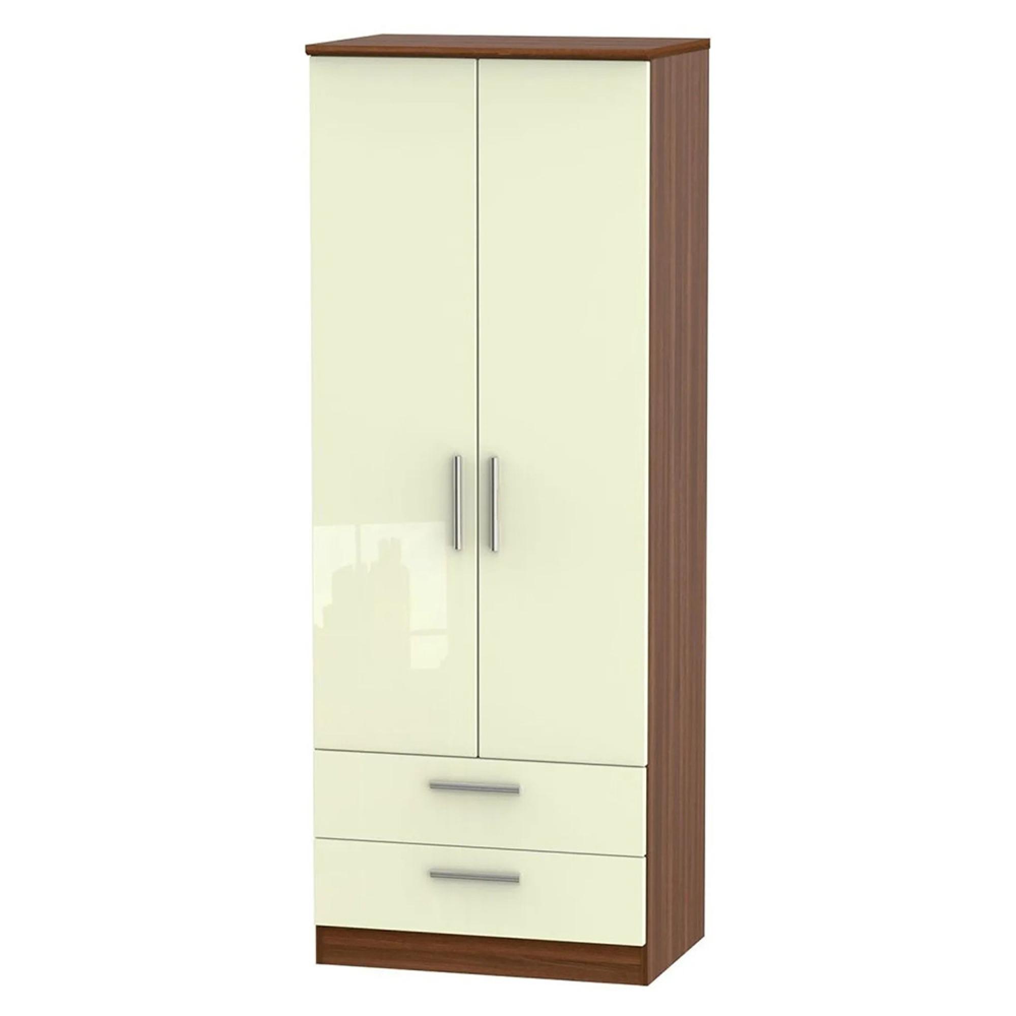Knightsbridge Wardrobe - 2 Door - 2 Drawer - Tall - Cream Gloss and Walnut
