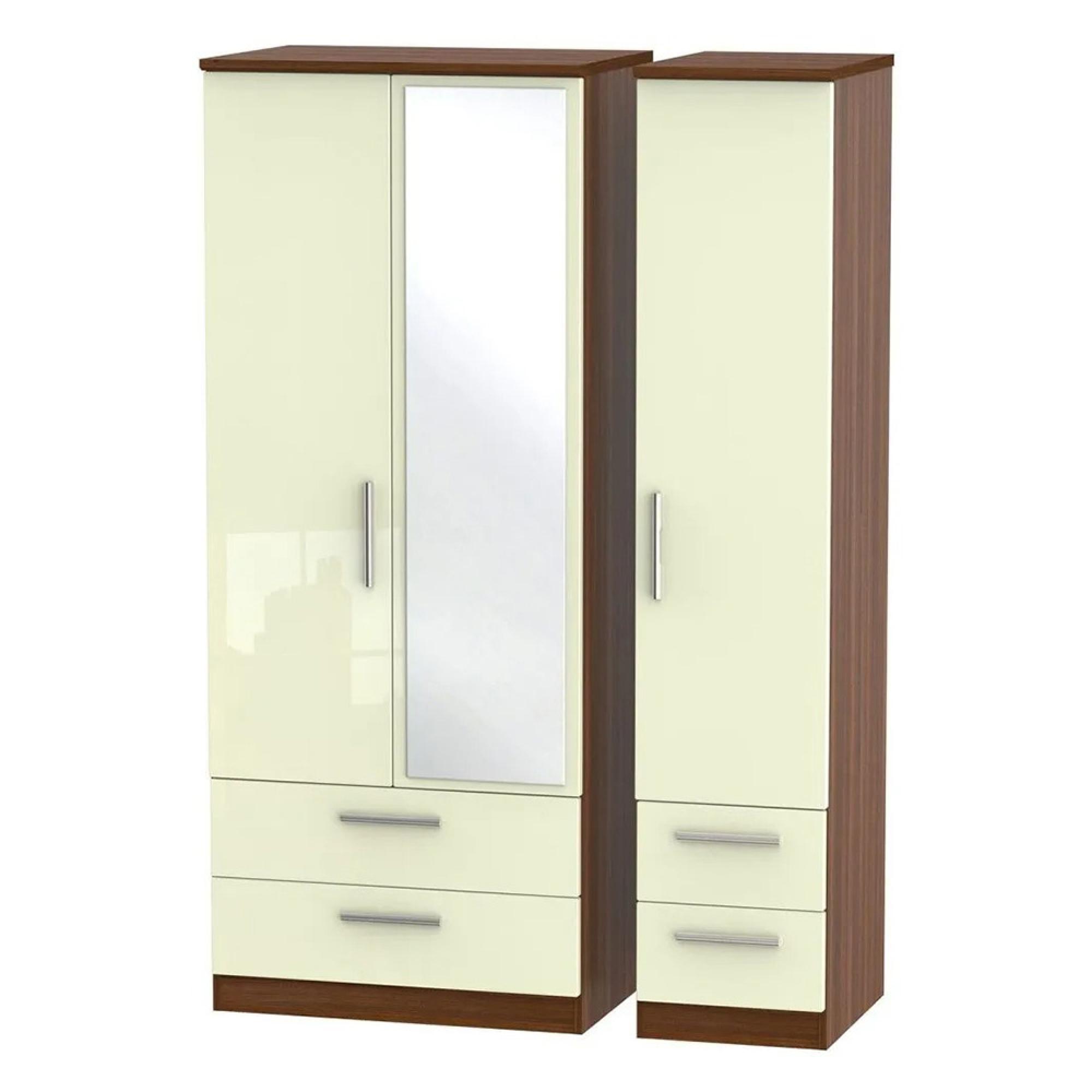 Knightsbridge Wardrobe - 3 Door - 1 Mirror - Combi - Cream Gloss and Walnut