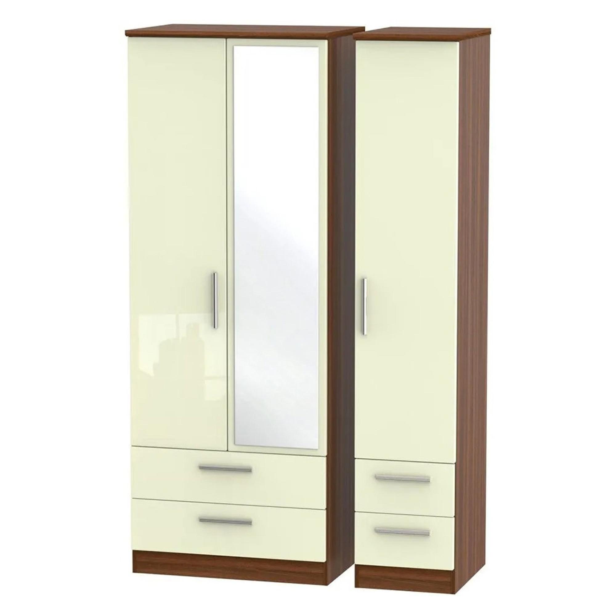 Knightsbridge Wardrobe - 3 Door - 1 Mirror - Combi - Tall - Cream Gloss and Walnut