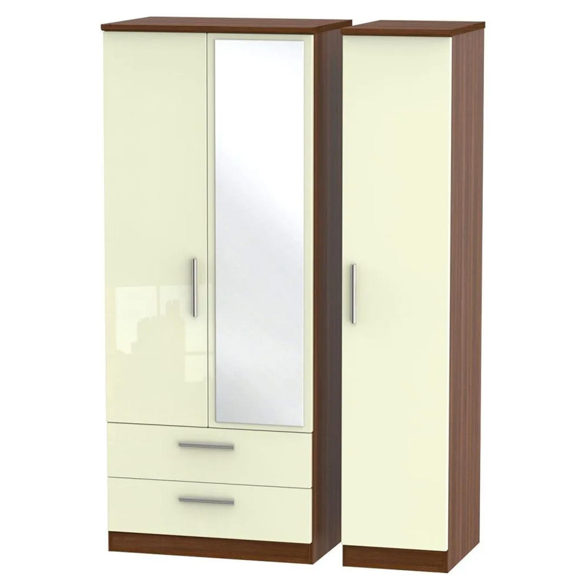 Knightsbridge Wardrobe - 3 Door - 1 Mirror - LHF 2 Drawers - Combi - Cream Gloss and Walnut