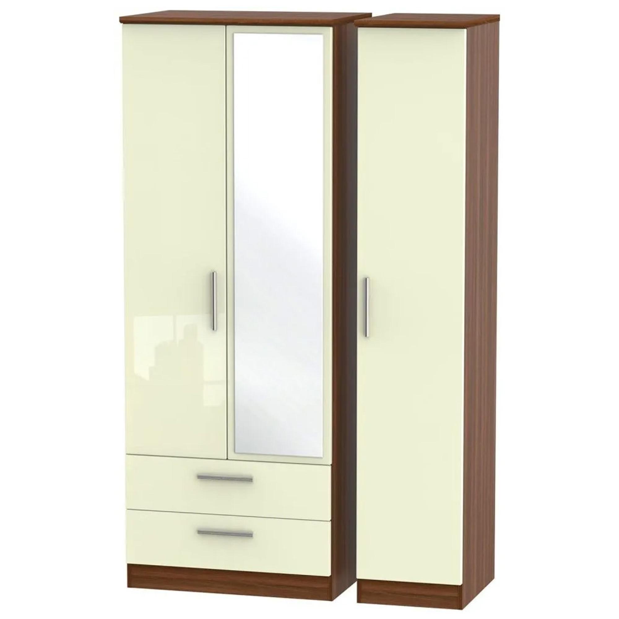Knightsbridge Wardrobe - 3 Door - 1 Mirror - LHF 2 Drawers - Combi - Tall - Cream Gloss and Walnut