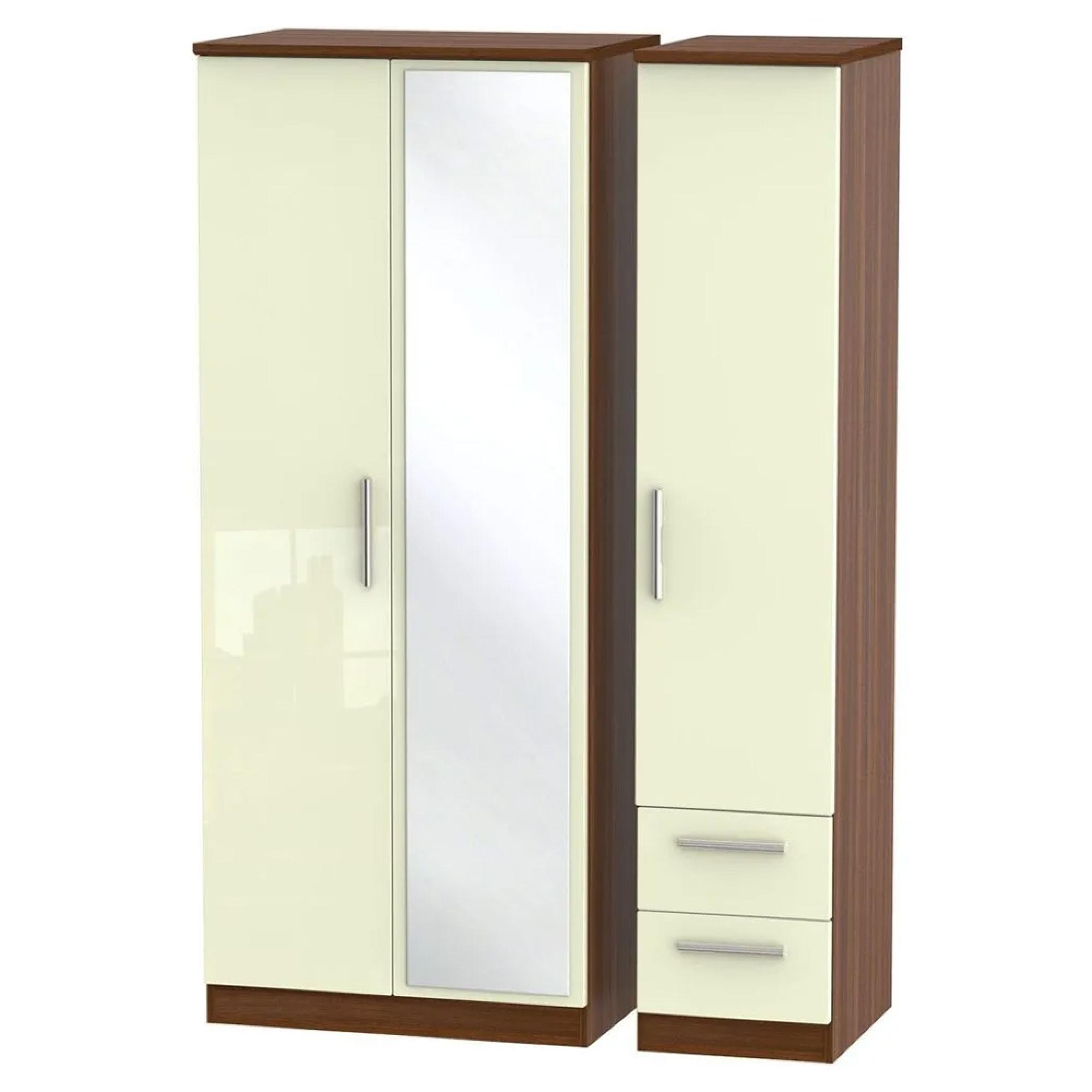 Knightsbridge Wardrobe - 3 Door - 1 Mirror - RHF 2 Drawers - Combi - Cream Gloss and Walnut