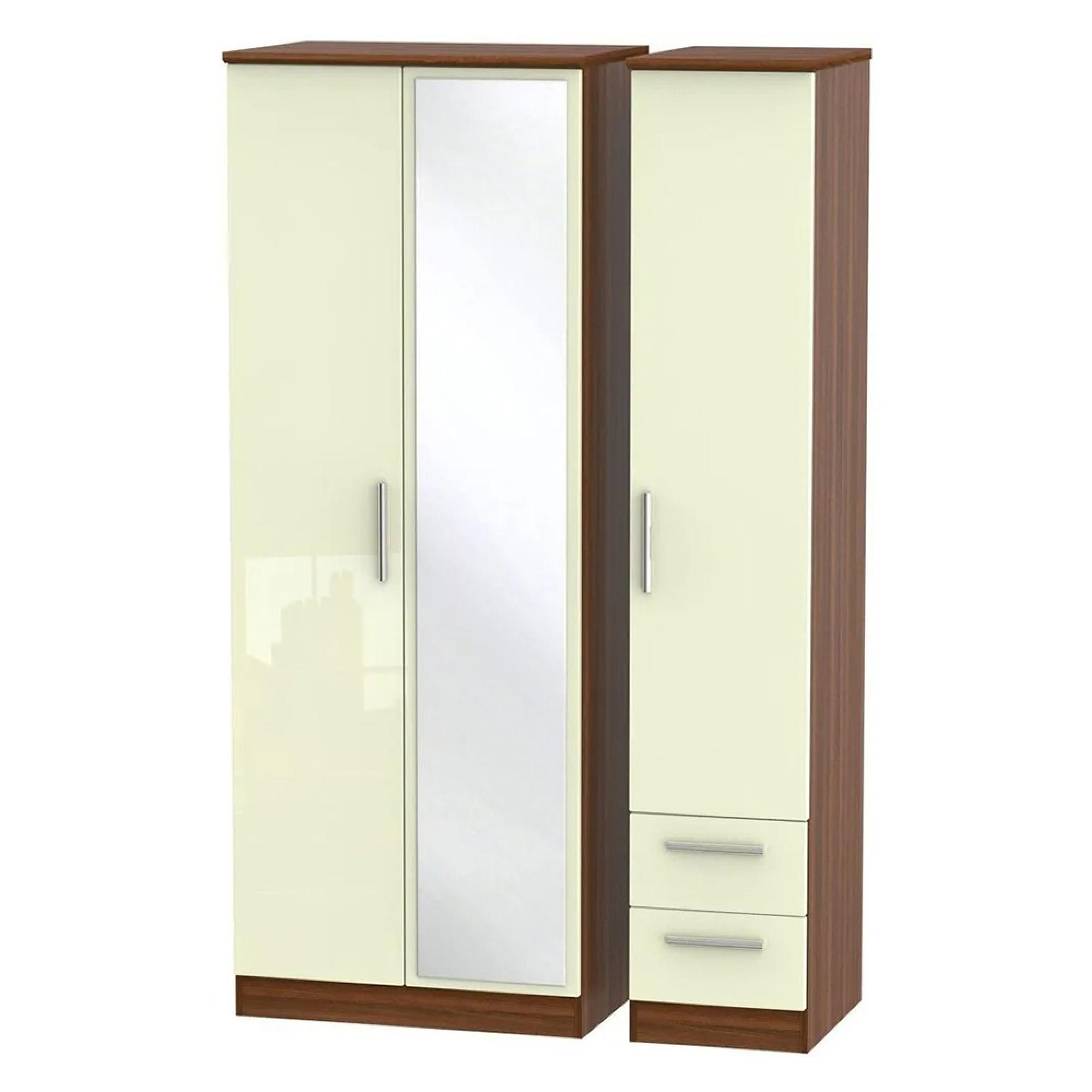 Knightsbridge Wardrobe - 3 Door - 1 Mirror - RHF 2 Drawers - Combi - Tall - Cream Gloss and Walnut