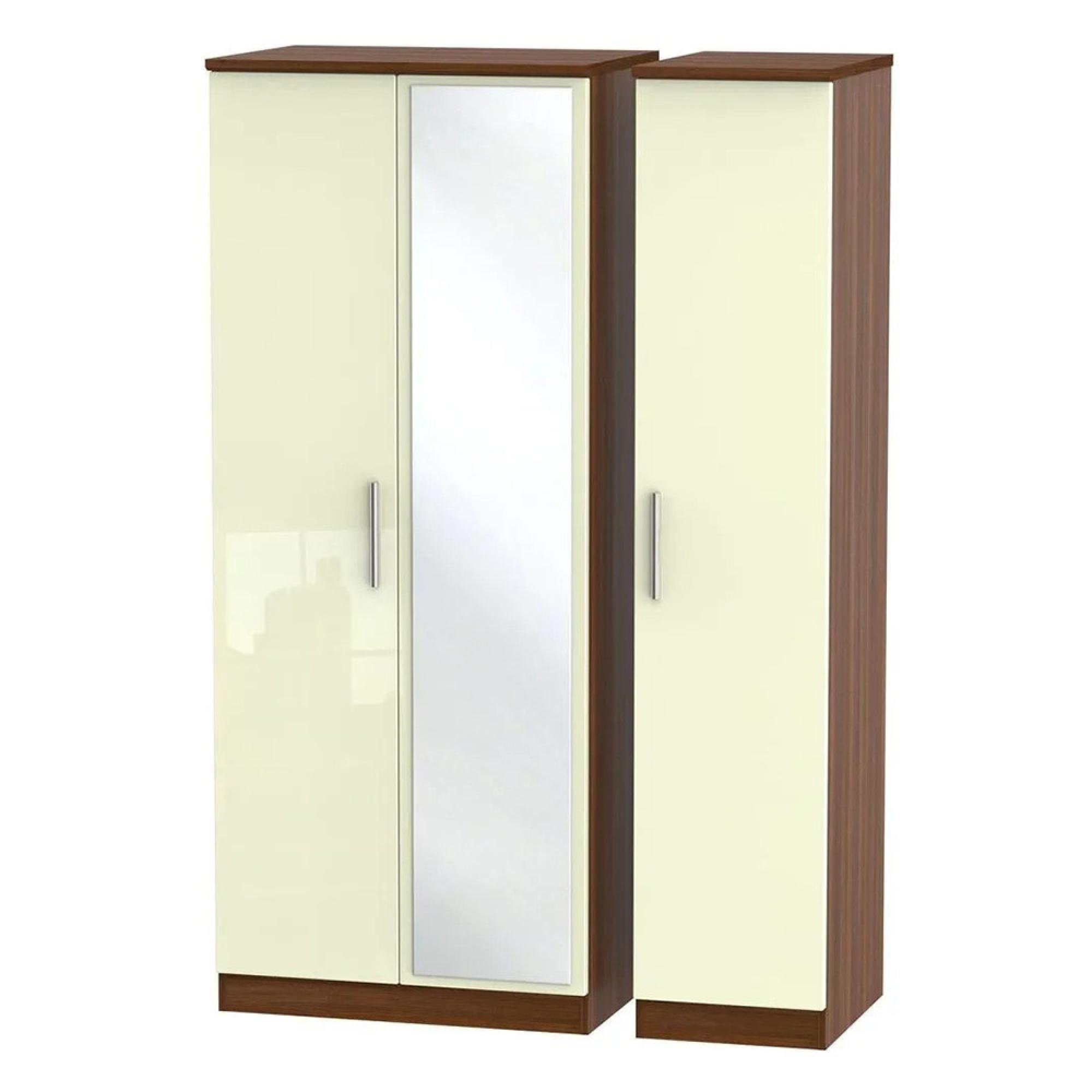 Knightsbridge Wardrobe - 3 Door - 1 Mirror - Triple - Cream Gloss and Walnut