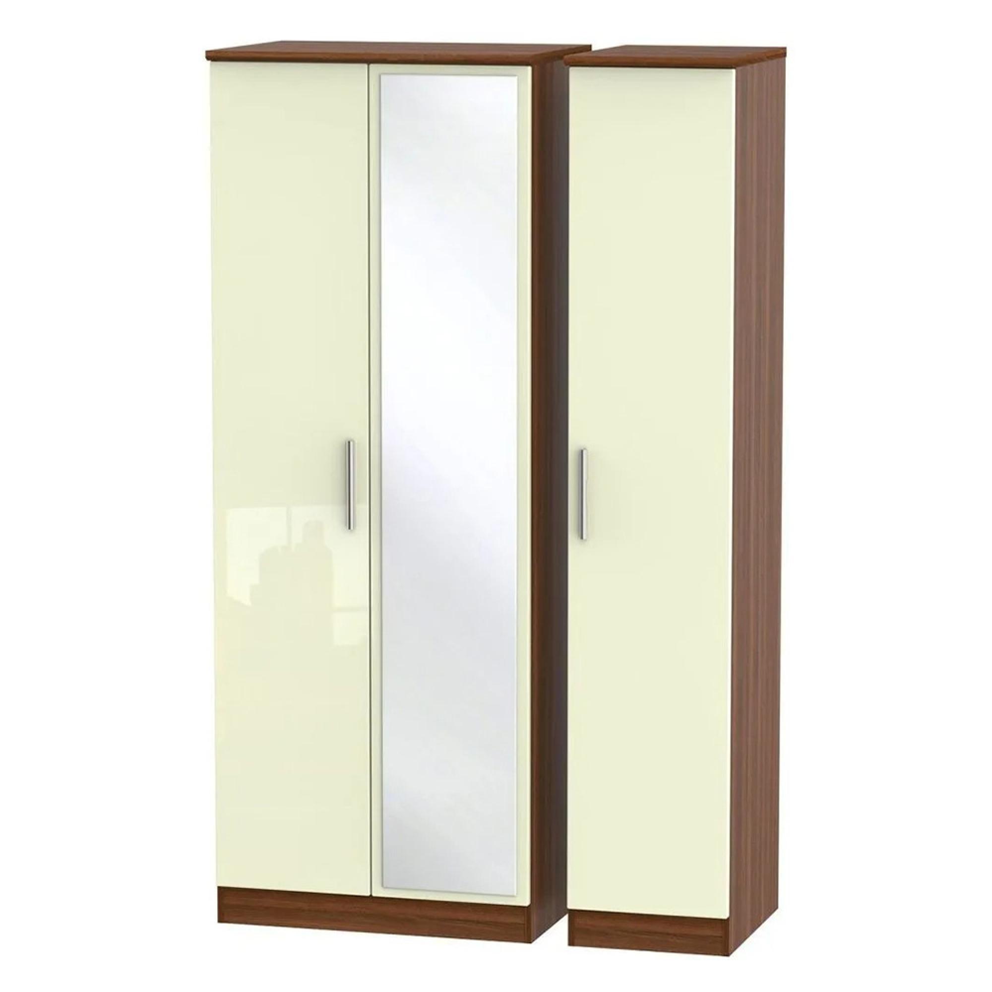 Knightsbridge Wardrobe - 3 Door - 1 Mirror - Triple - Tall - Cream Gloss and Walnut