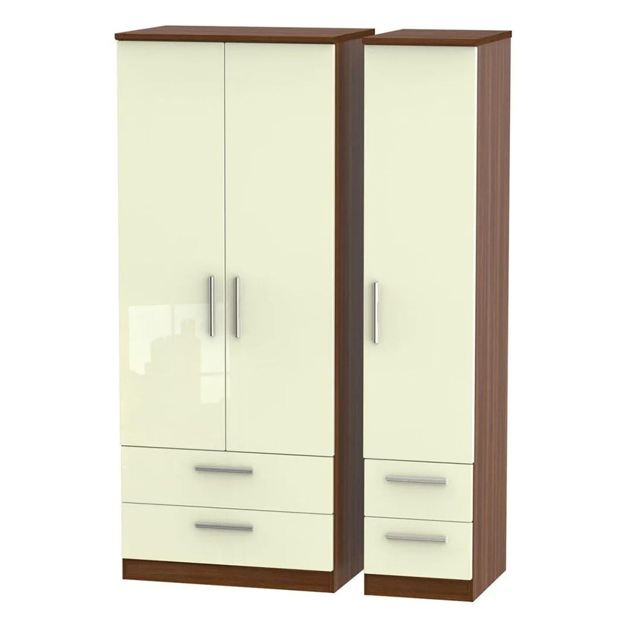 Knightsbridge Wardrobe - 3 Door - 4 Drawers - Triple - Cream Gloss and Walnut