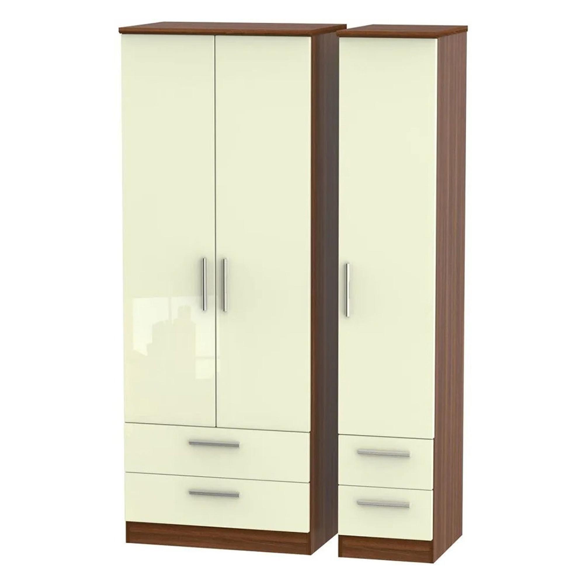 Knightsbridge Wardrobe - 3 Door - 4 Drawers - Triple - Tall - Cream Gloss and Walnut