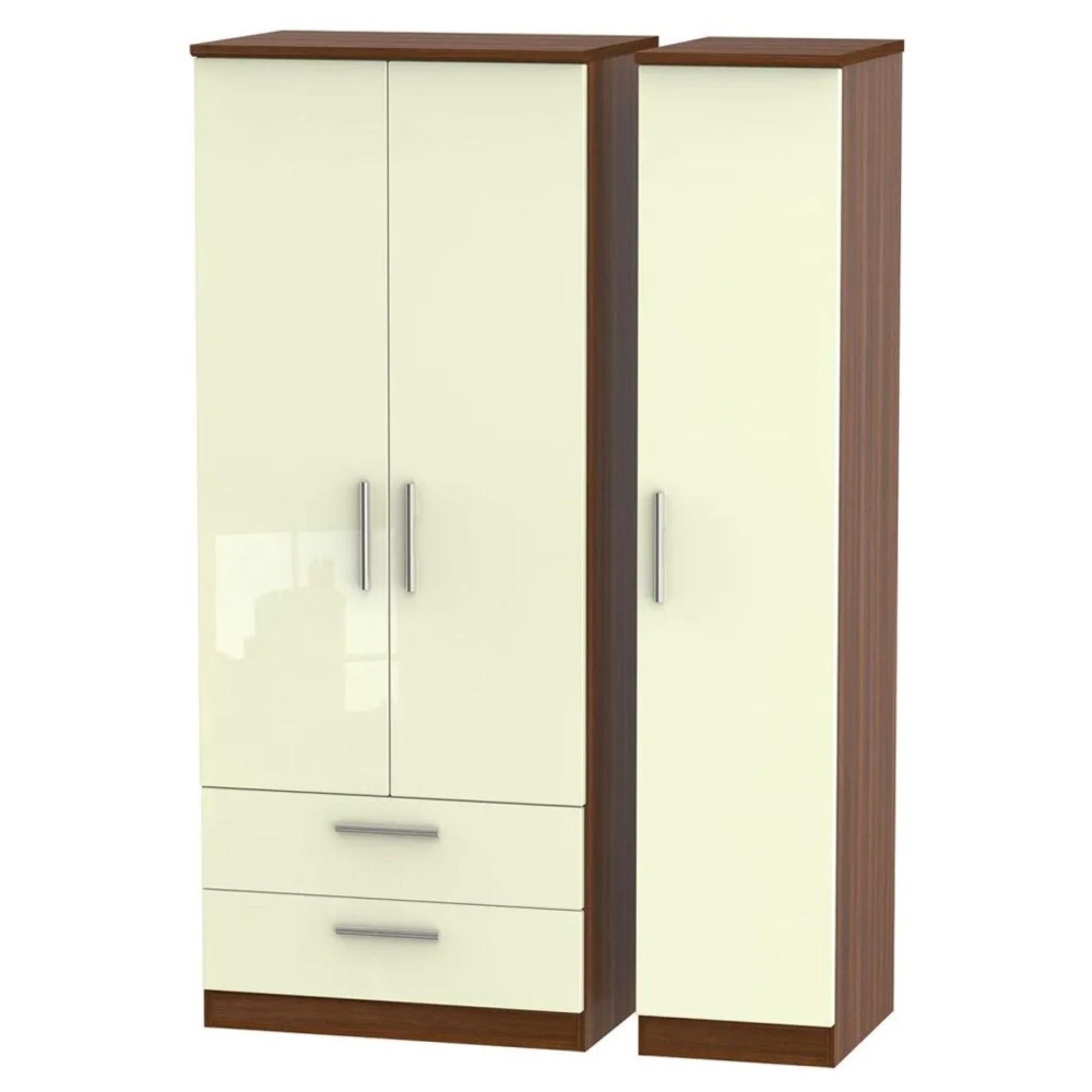 Knightsbridge Wardrobe - 3 Door - LHF 2 Drawers - Triple - Cream Gloss and Walnut