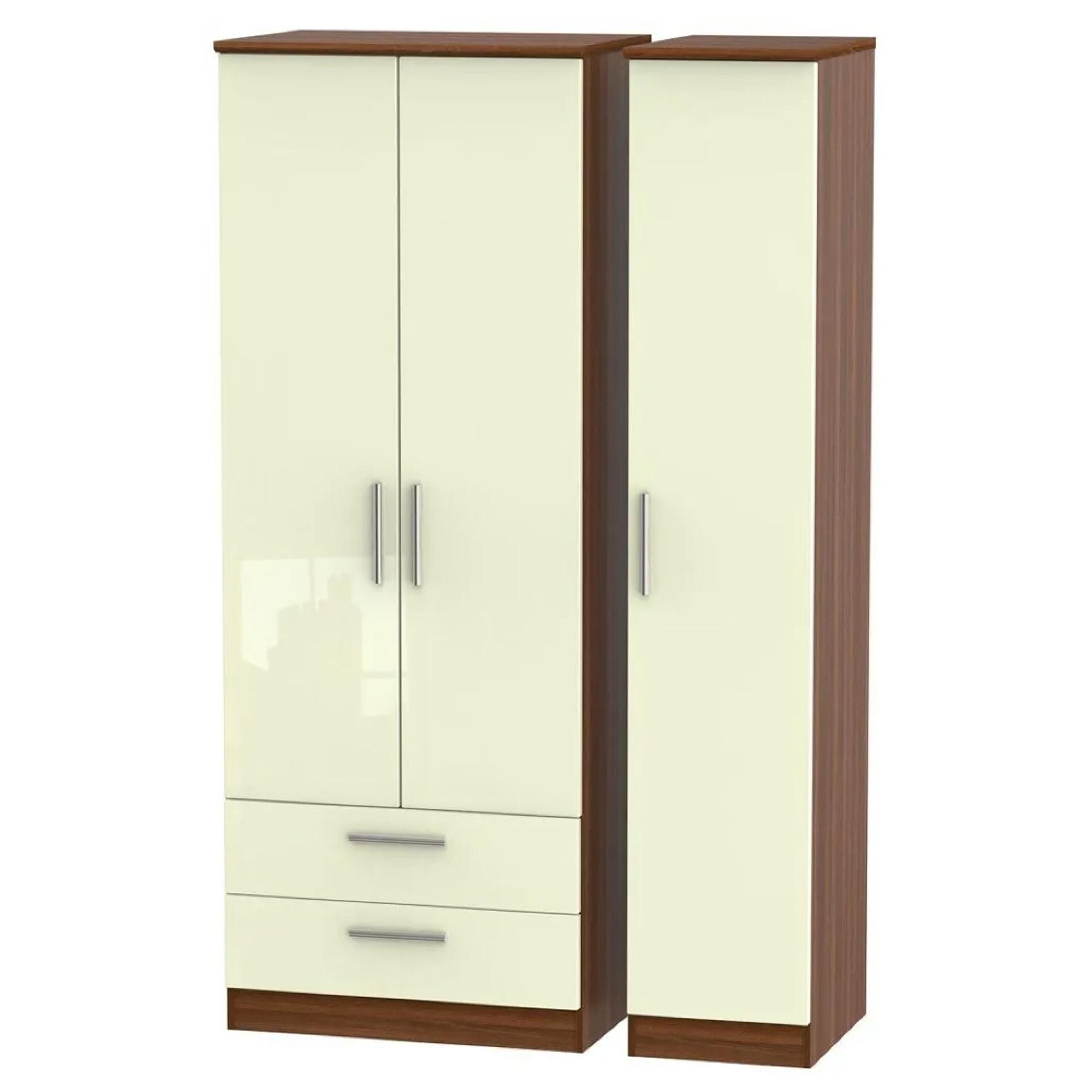 Knightsbridge Wardrobe - 3 Door - LHF 2 Drawers - Triple - Tall - Cream Gloss and Walnut