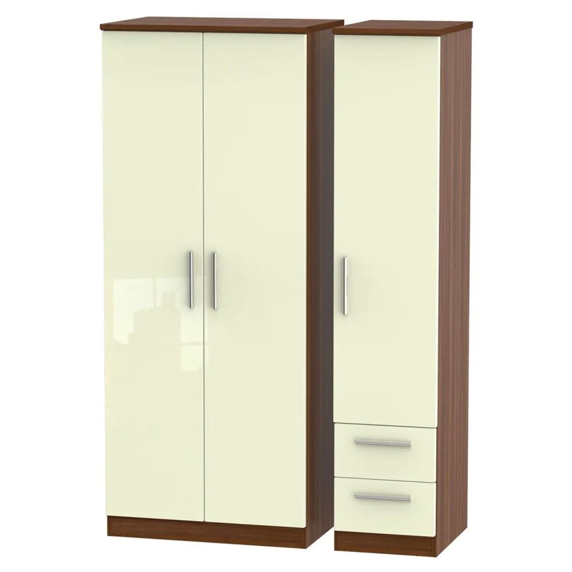 Knightsbridge Wardrobe - 3 Door - RHF 2 Drawers - Triple - Cream Gloss and Walnut