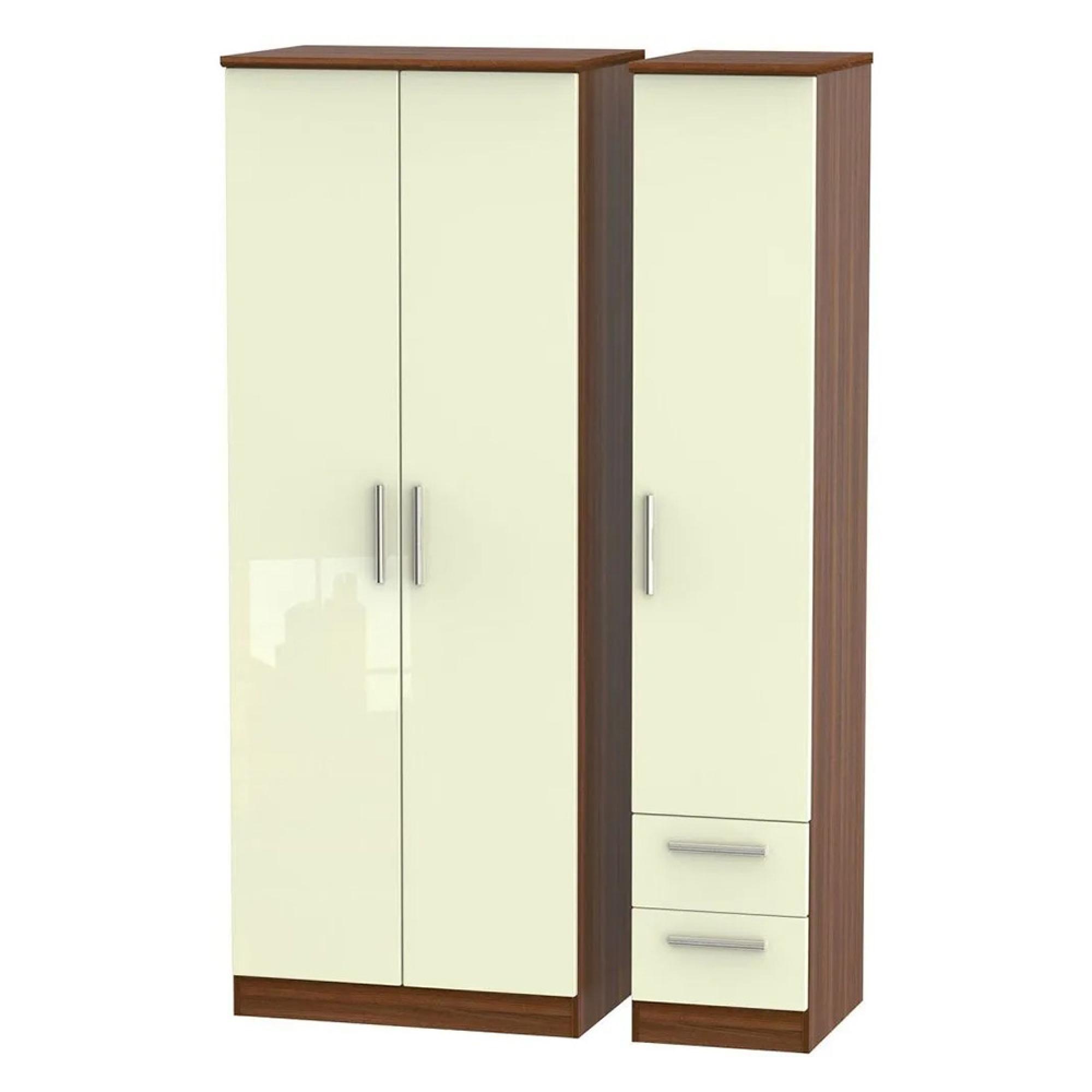 Knightsbridge Wardrobe - 3 Door - RHF 2 Drawers - Triple - Tall - Cream Gloss and Walnut