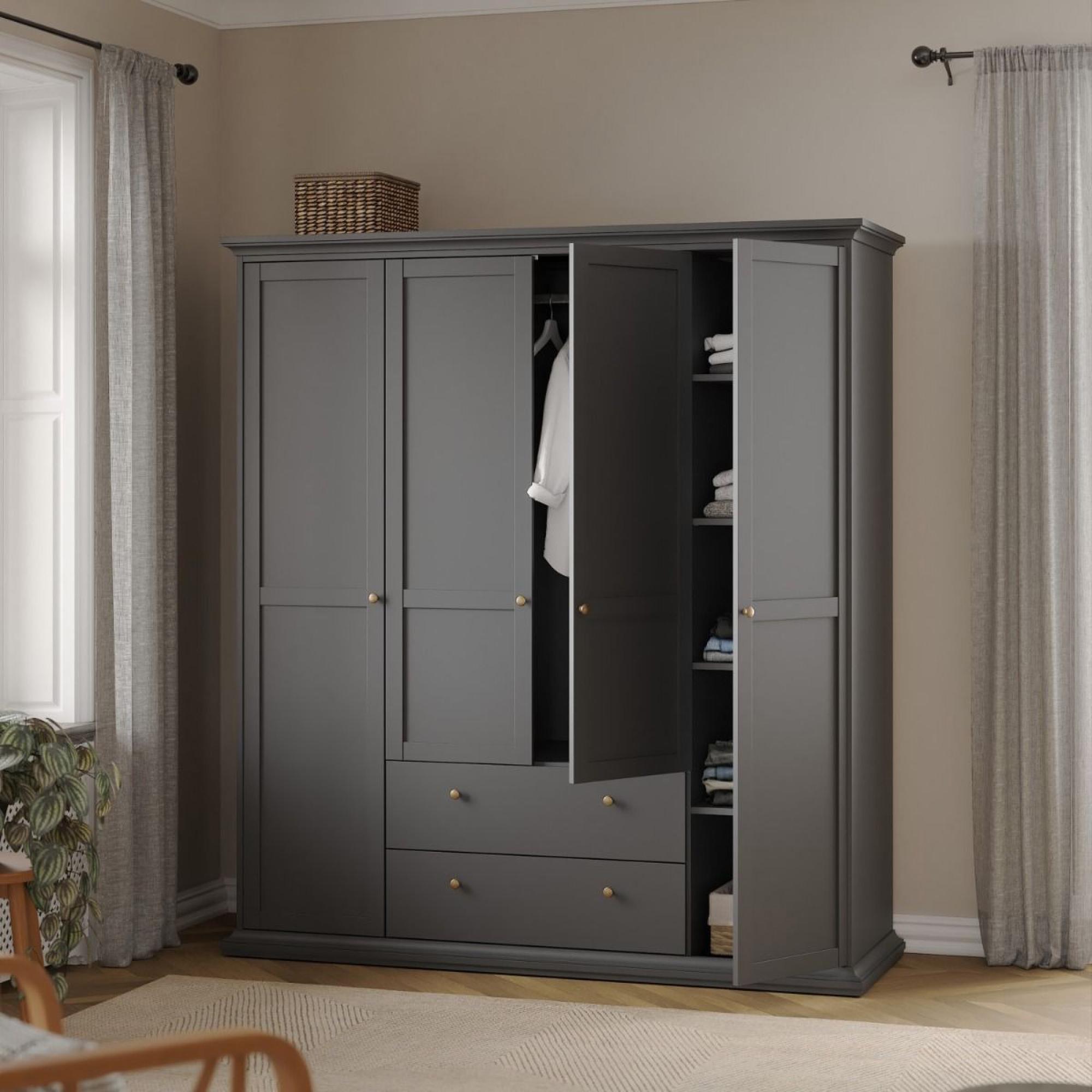 Paris Wardrobe - 4 Door - 2 Drawer - Grey