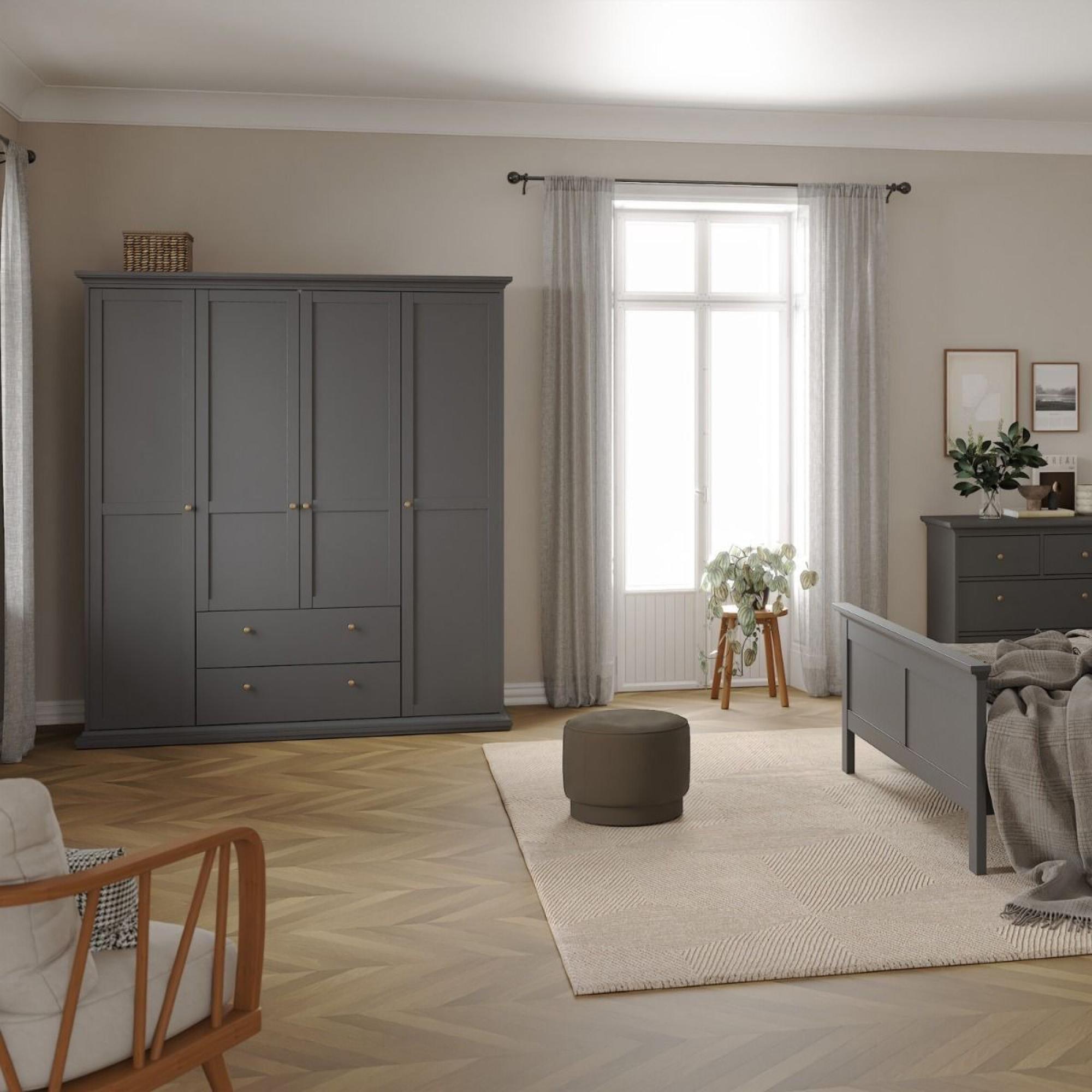 Paris Wardrobe - 4 Door - 2 Drawer - Grey