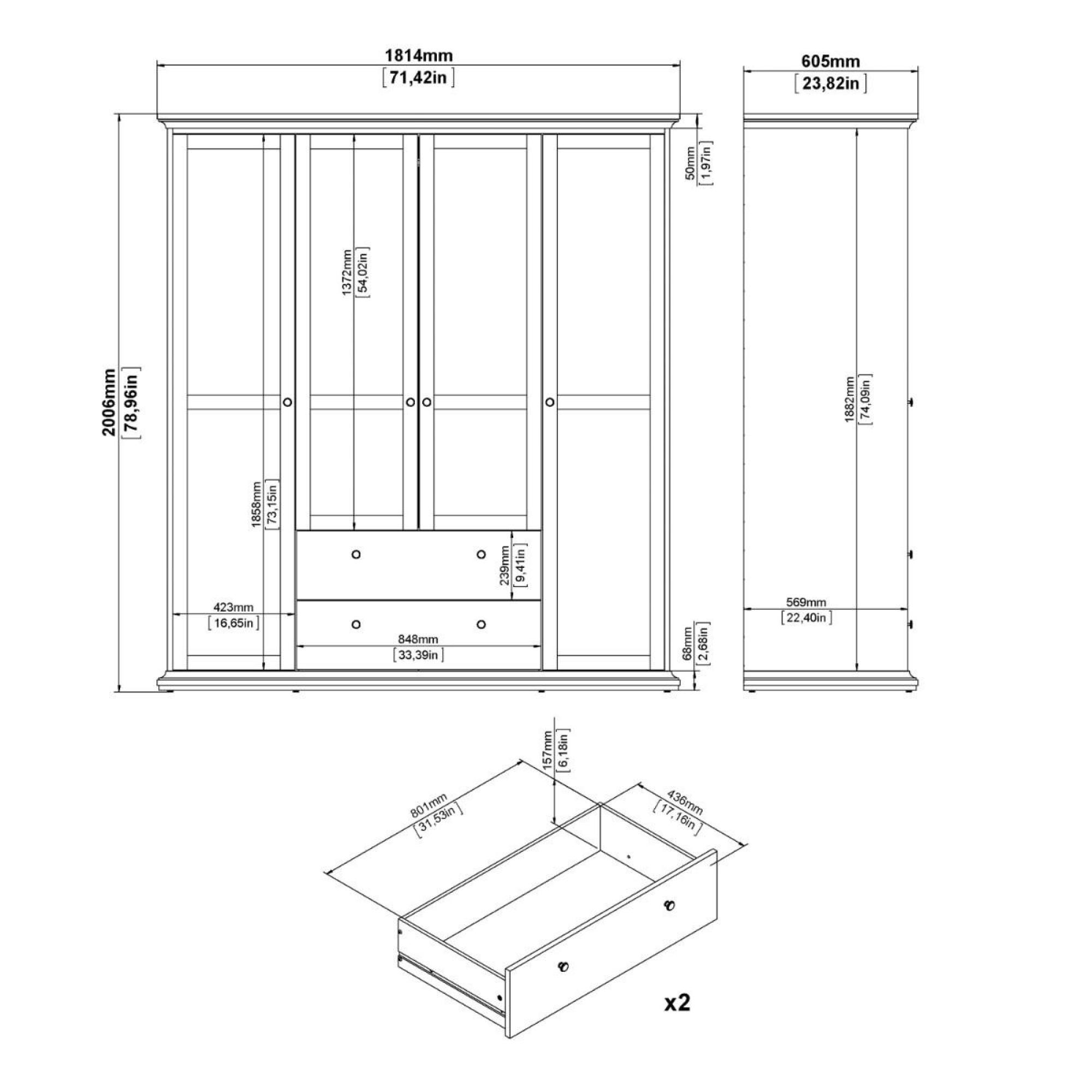 Paris Wardrobe - 4 Door - 2 Drawer - Grey