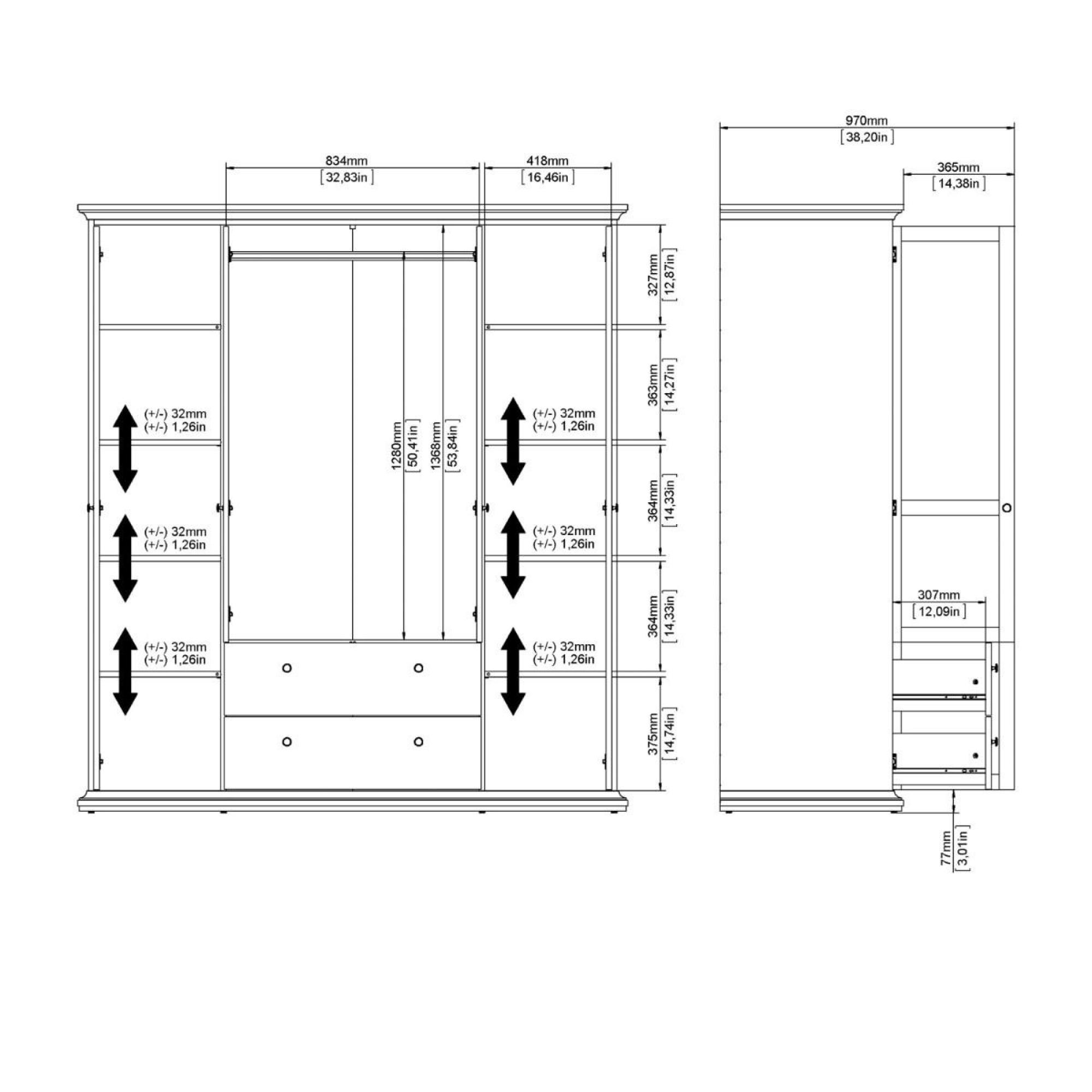 Paris Wardrobe - 4 Door - 2 Drawer - Grey