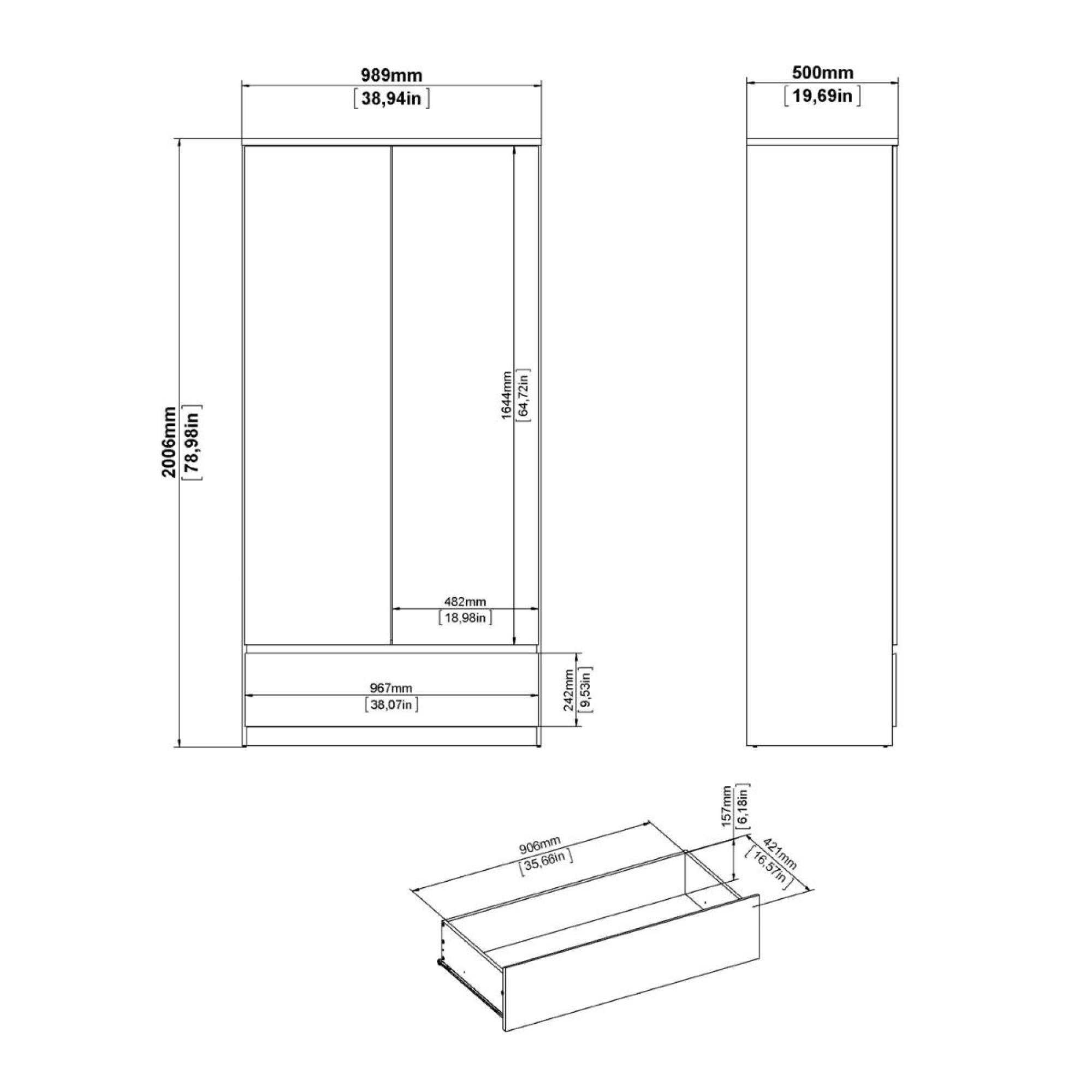 Naia Wardrobe - 2 Door - 1 Drawer - White Gloss