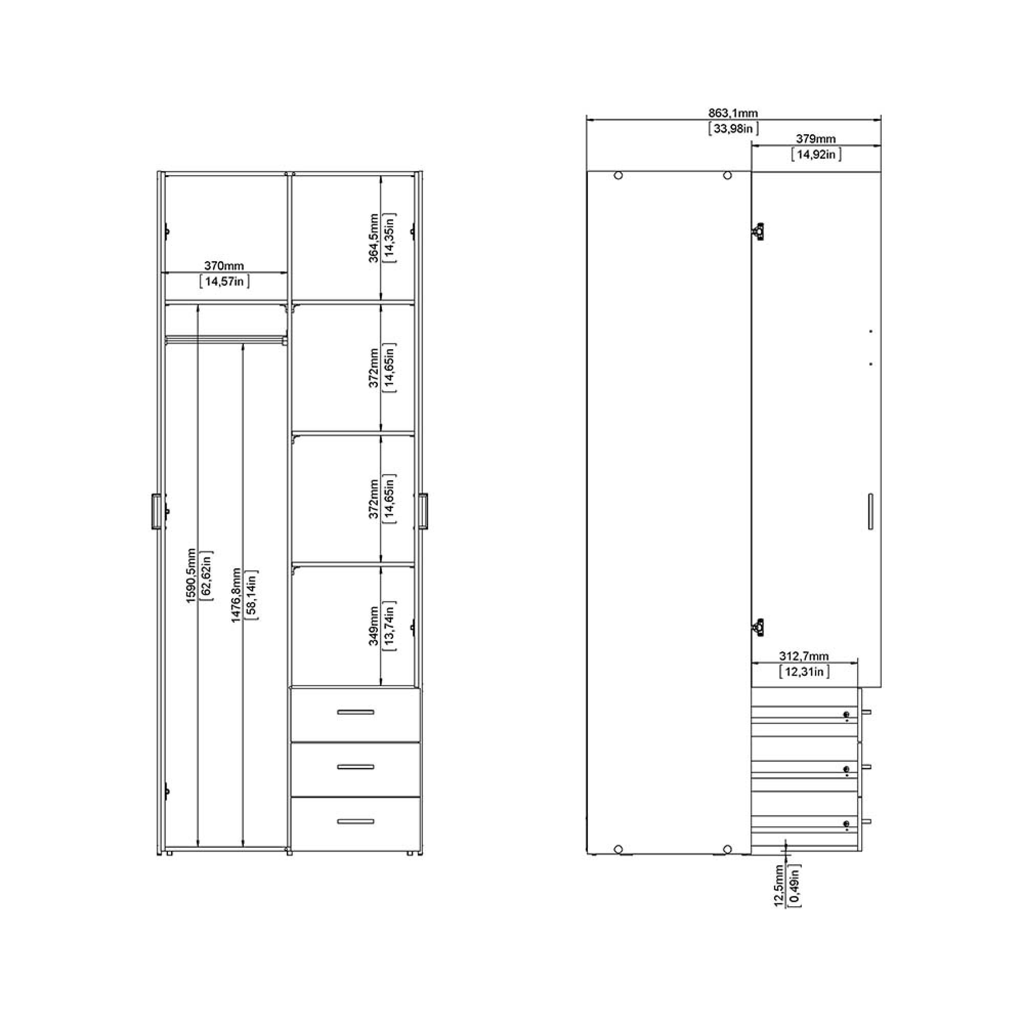 Space Wardrobe - 2 Door - 3 Drawer - White