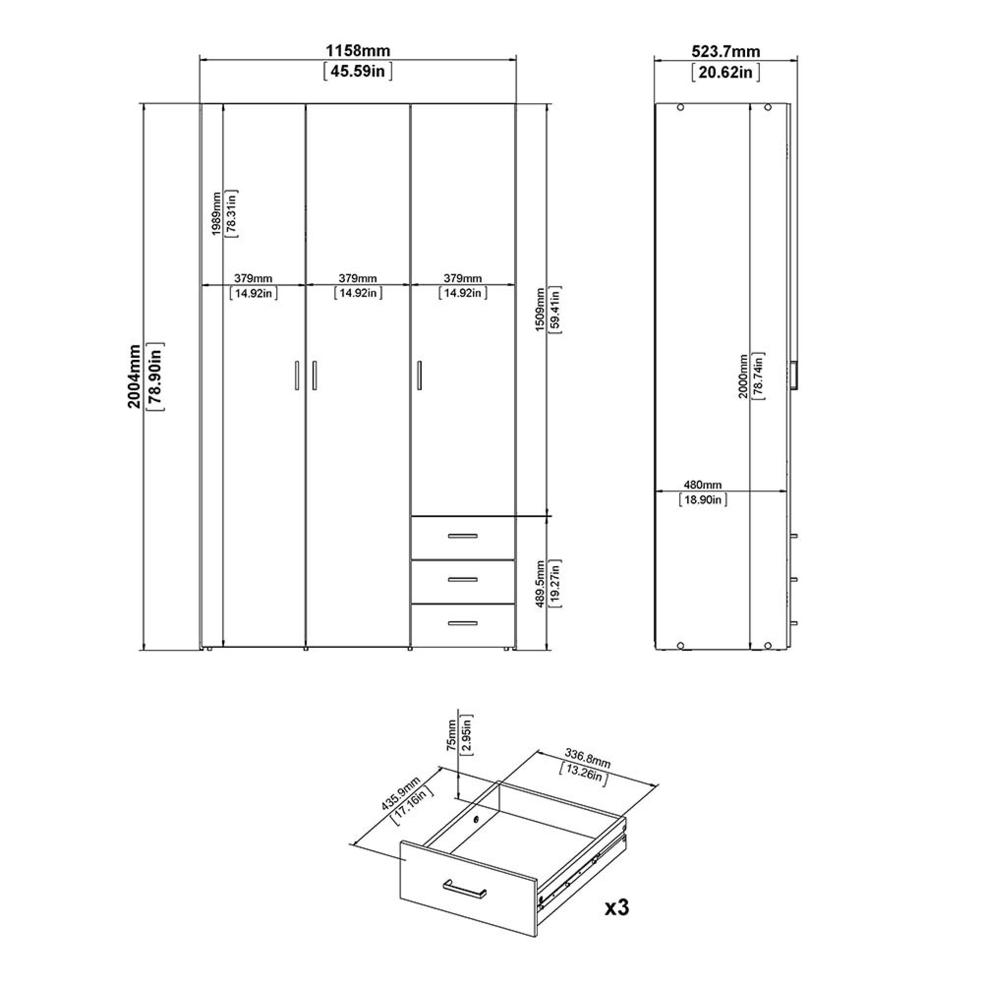 Space Wardrobe - 3 Door - 3 Drawer - Oak