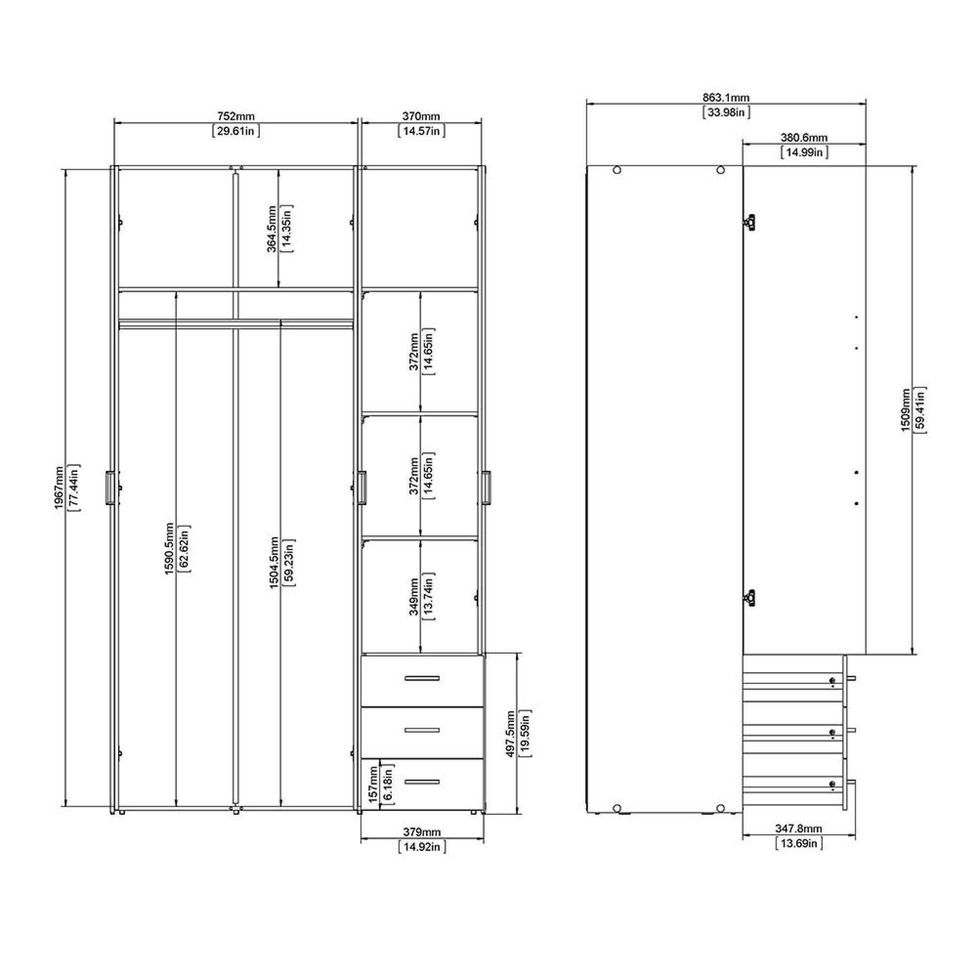 Space Wardrobe - 3 Door - 3 Drawer - White