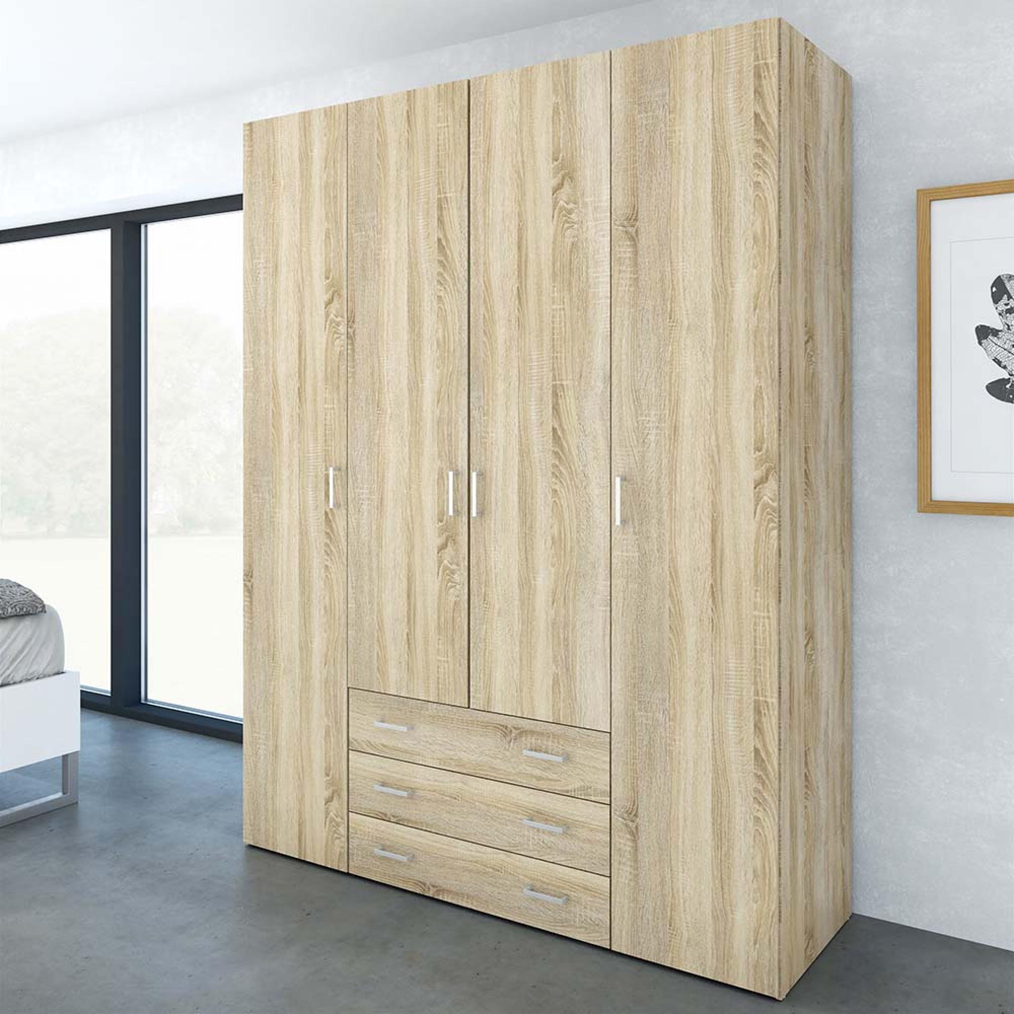 Space Wardrobe - 4 Door - 3 Drawer - Oak