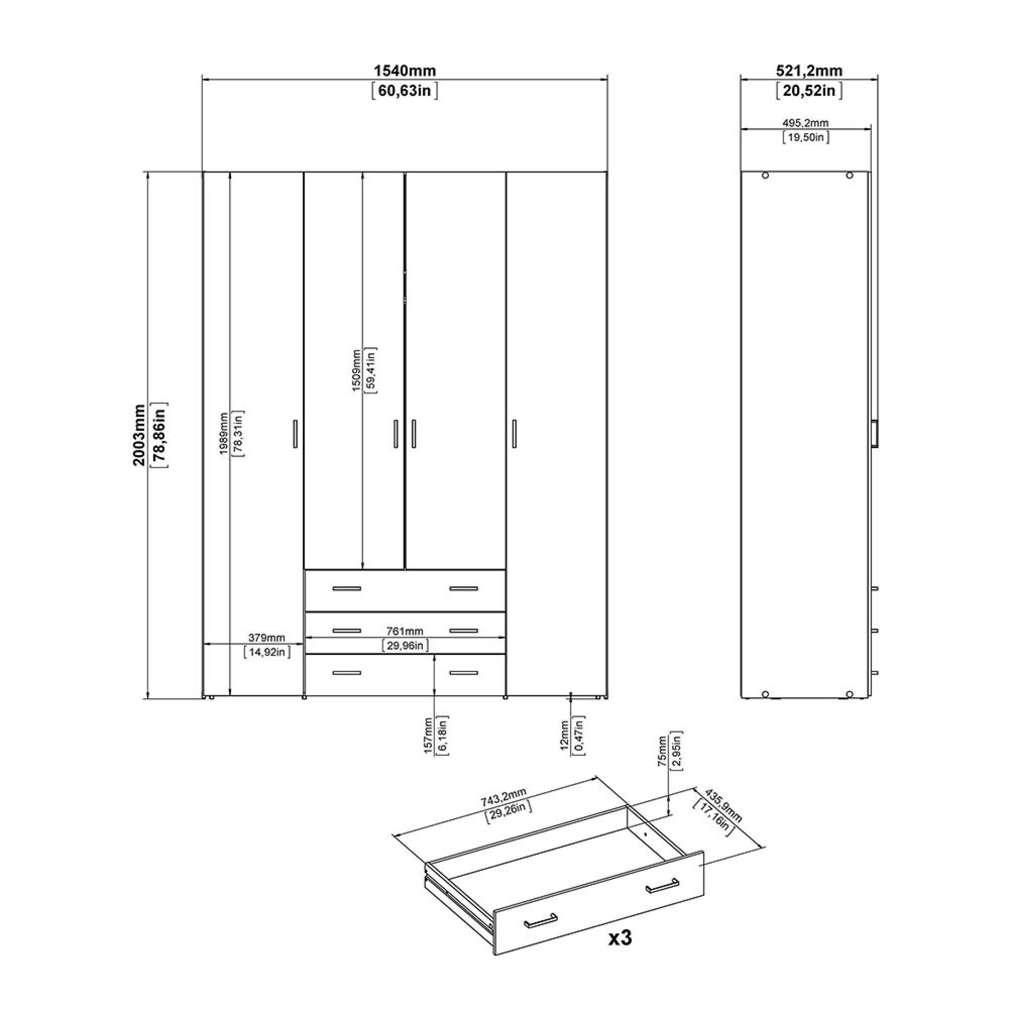 Space Wardrobe - 4 Door - 3 Drawer - White