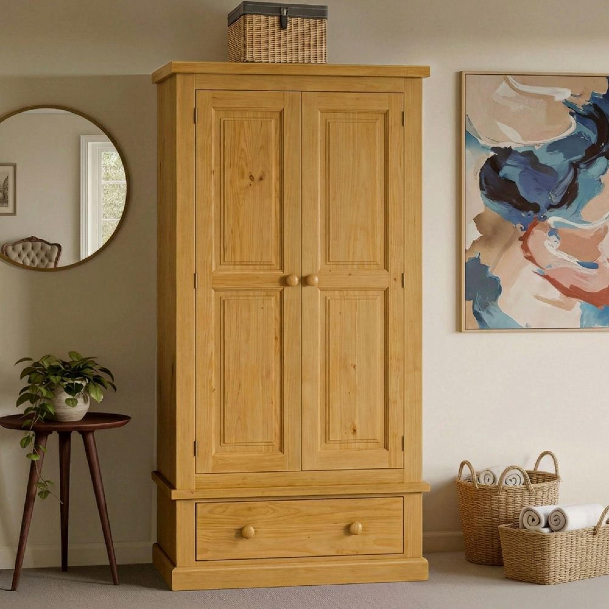 Churchill Waxed Pine 2 Door 1 Drawer Double Wardrobe