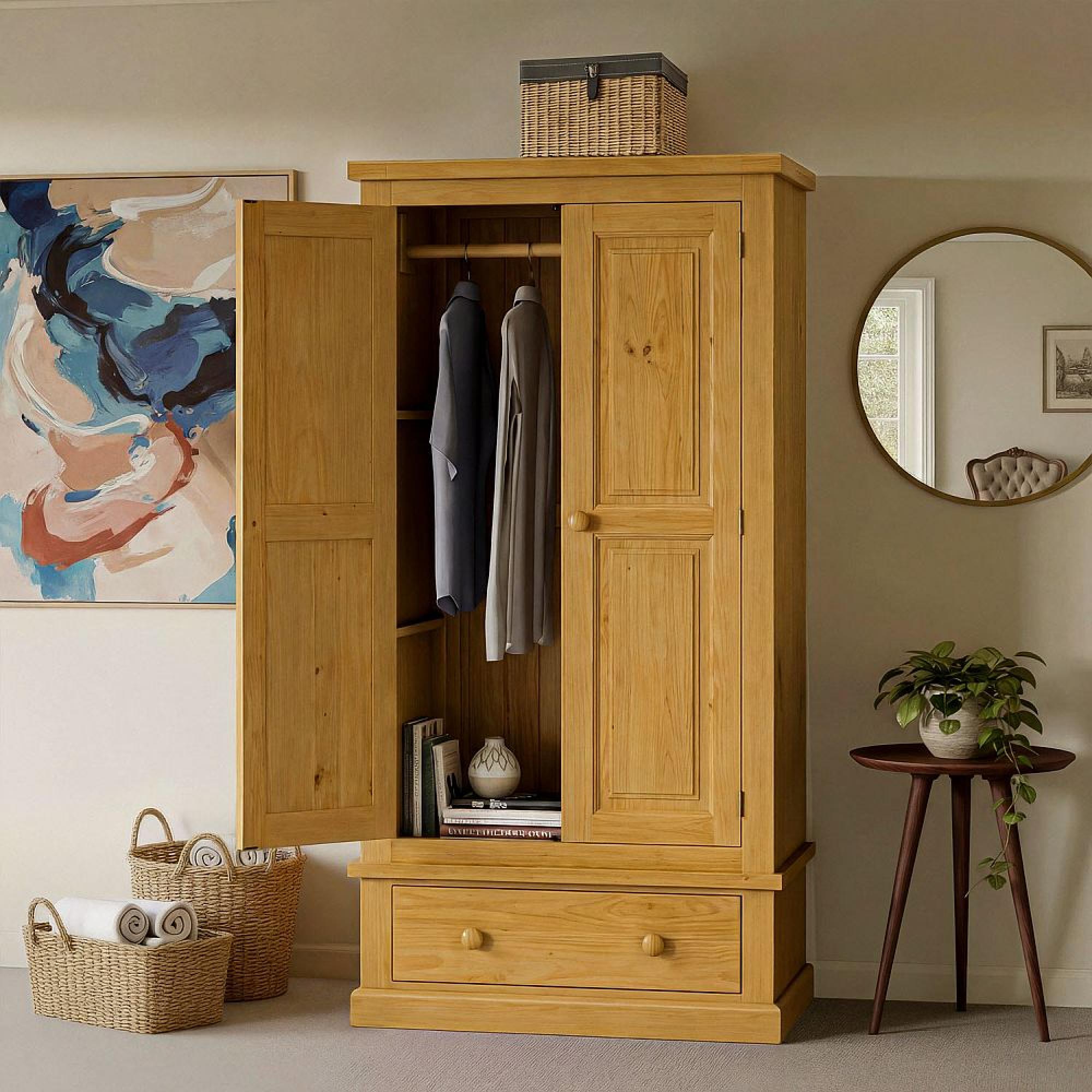 Churchill Waxed Pine 2 Door 1 Drawer Double Wardrobe