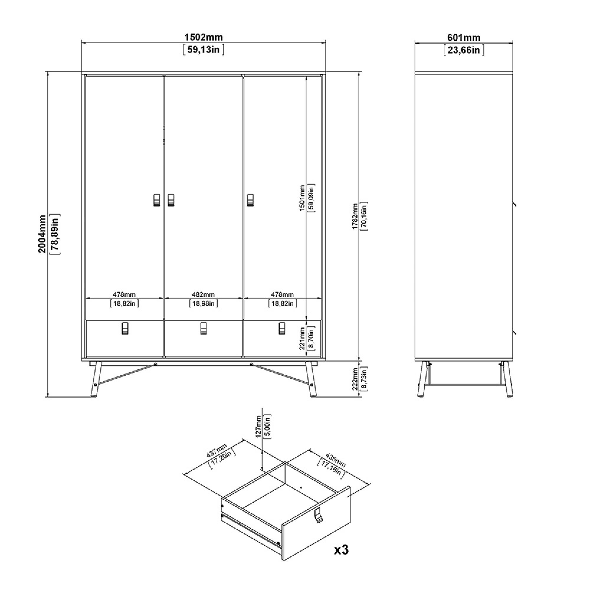 Ry Wardrobe - 3 Door - 3 Drawer - Black