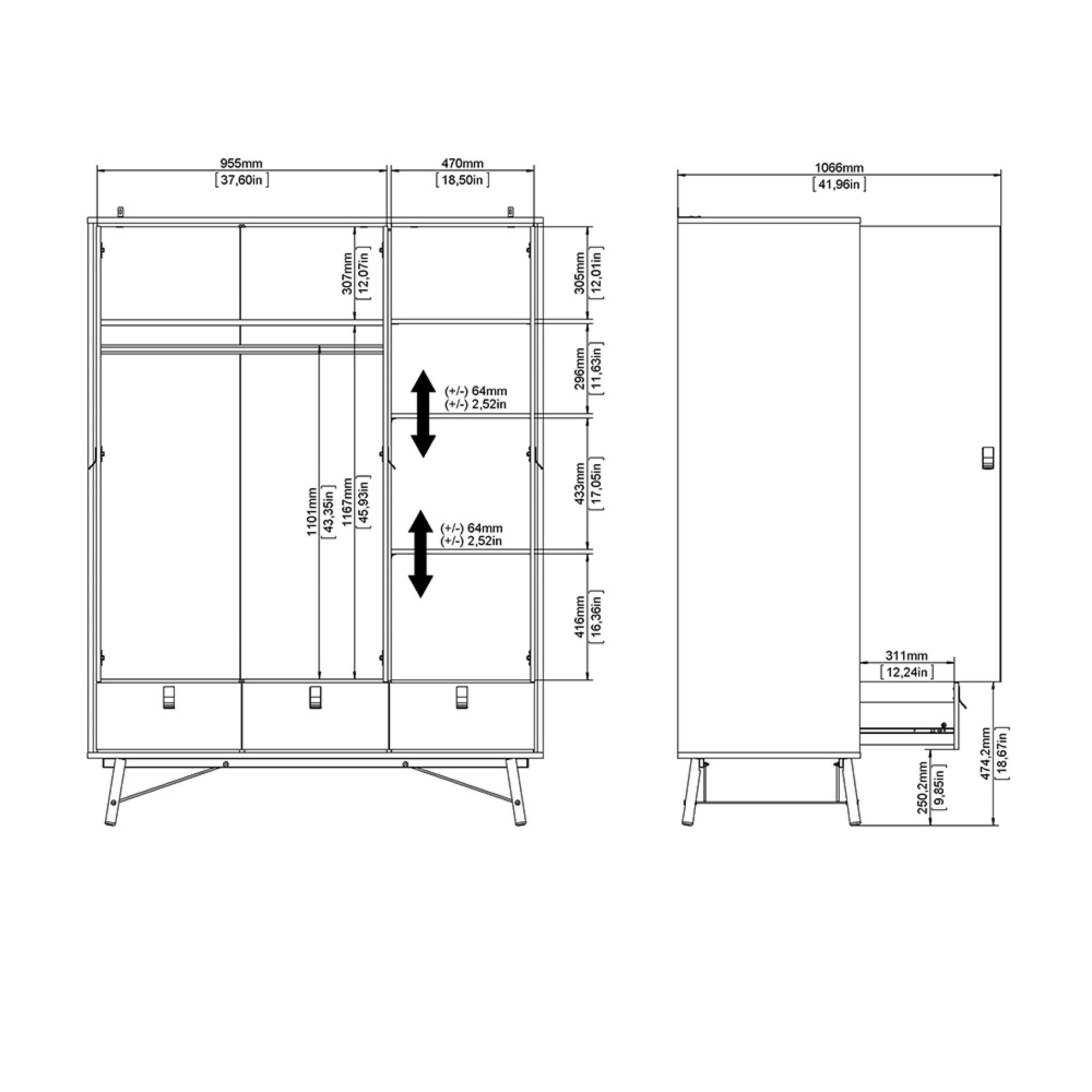 Ry Wardrobe - 3 Door - 3 Drawer - Black