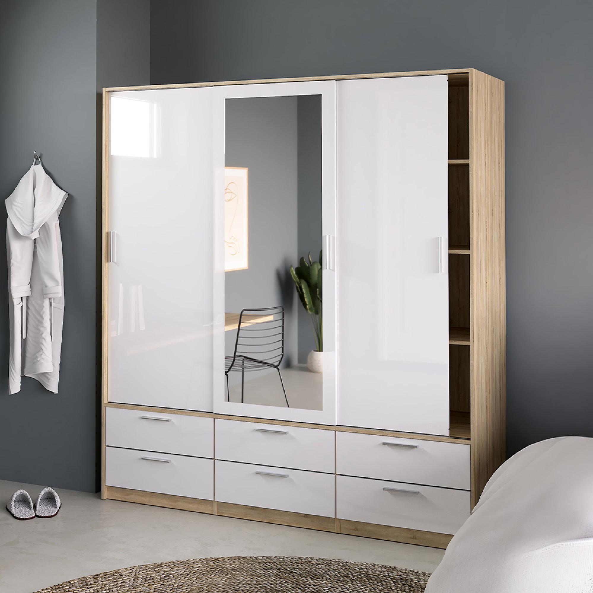 Line Wardrobe - 3 Door - 6 Drawer - Combi - Oak and White Gloss