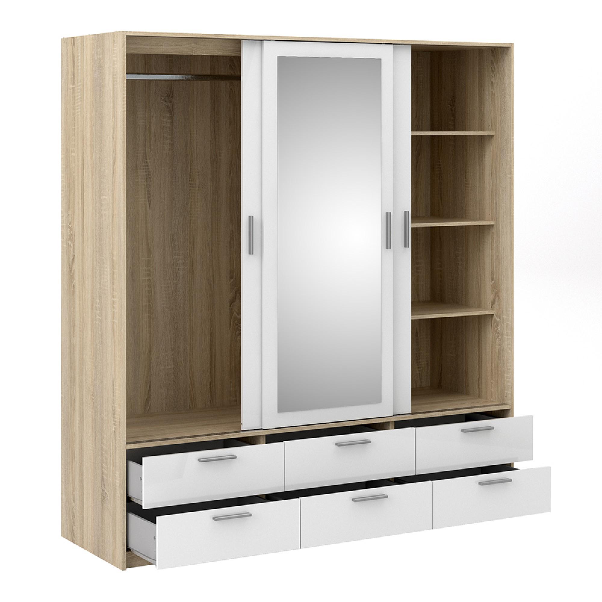 Line Wardrobe - 3 Door - 6 Drawer - Combi - Oak and White Gloss