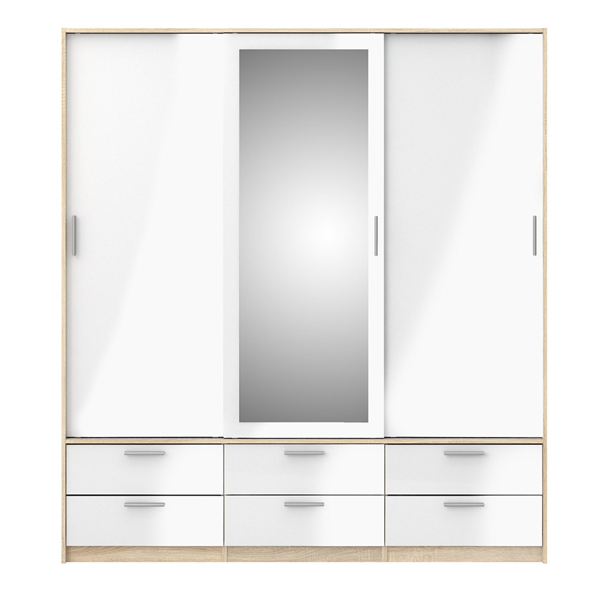 Line Wardrobe - 3 Door - 6 Drawer - Combi - Oak and White Gloss