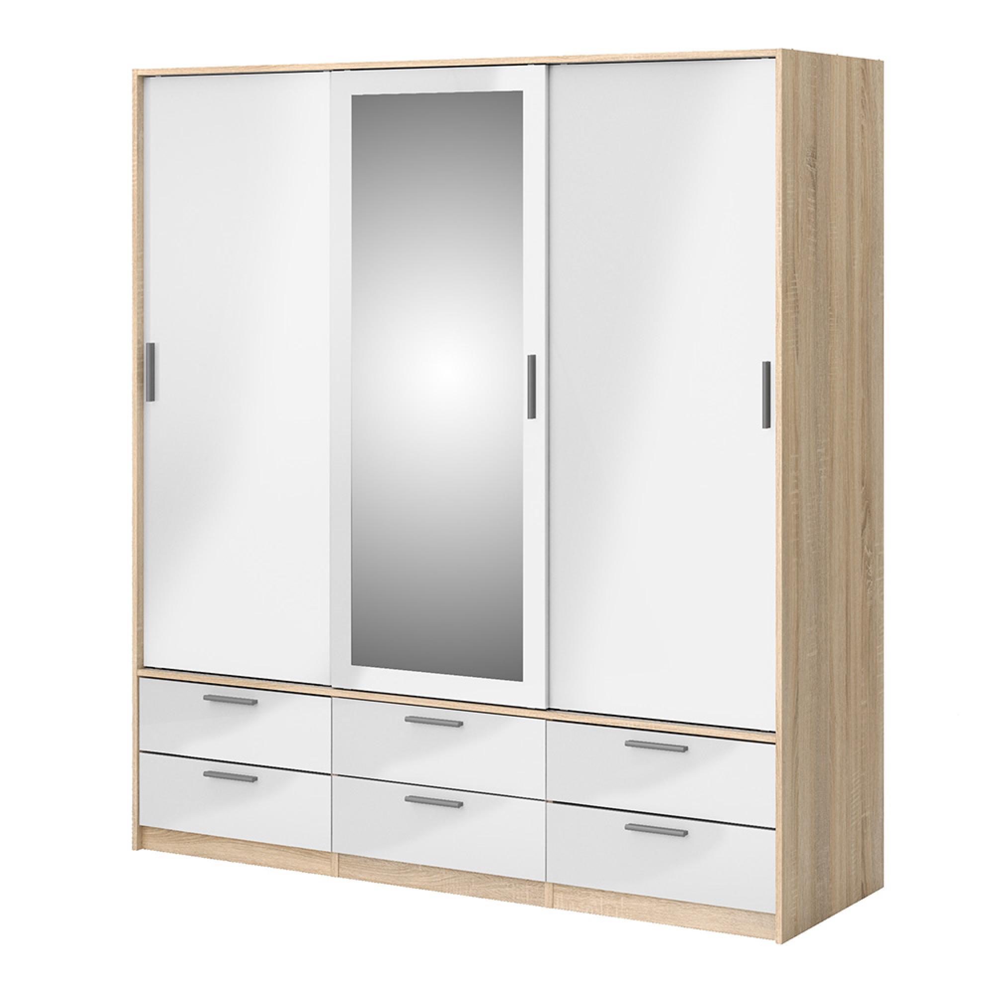 Line Wardrobe - 3 Door - 6 Drawer - Combi - Oak and White Gloss