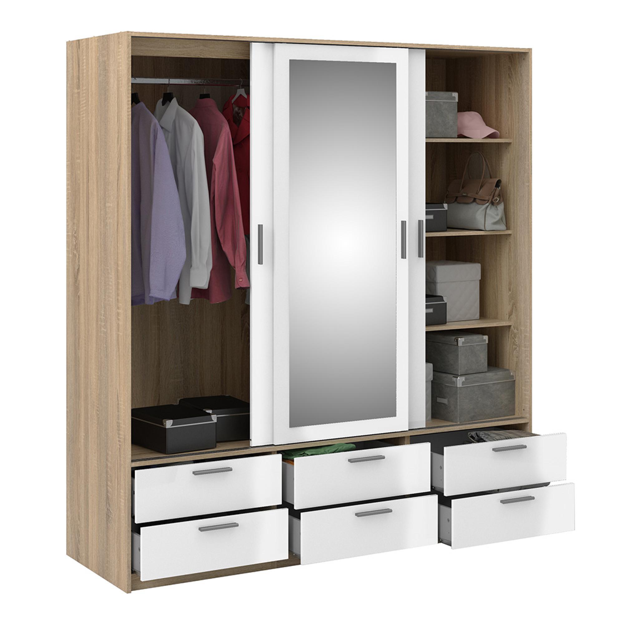 Line Wardrobe - 3 Door - 6 Drawer - Combi - Oak and White Gloss