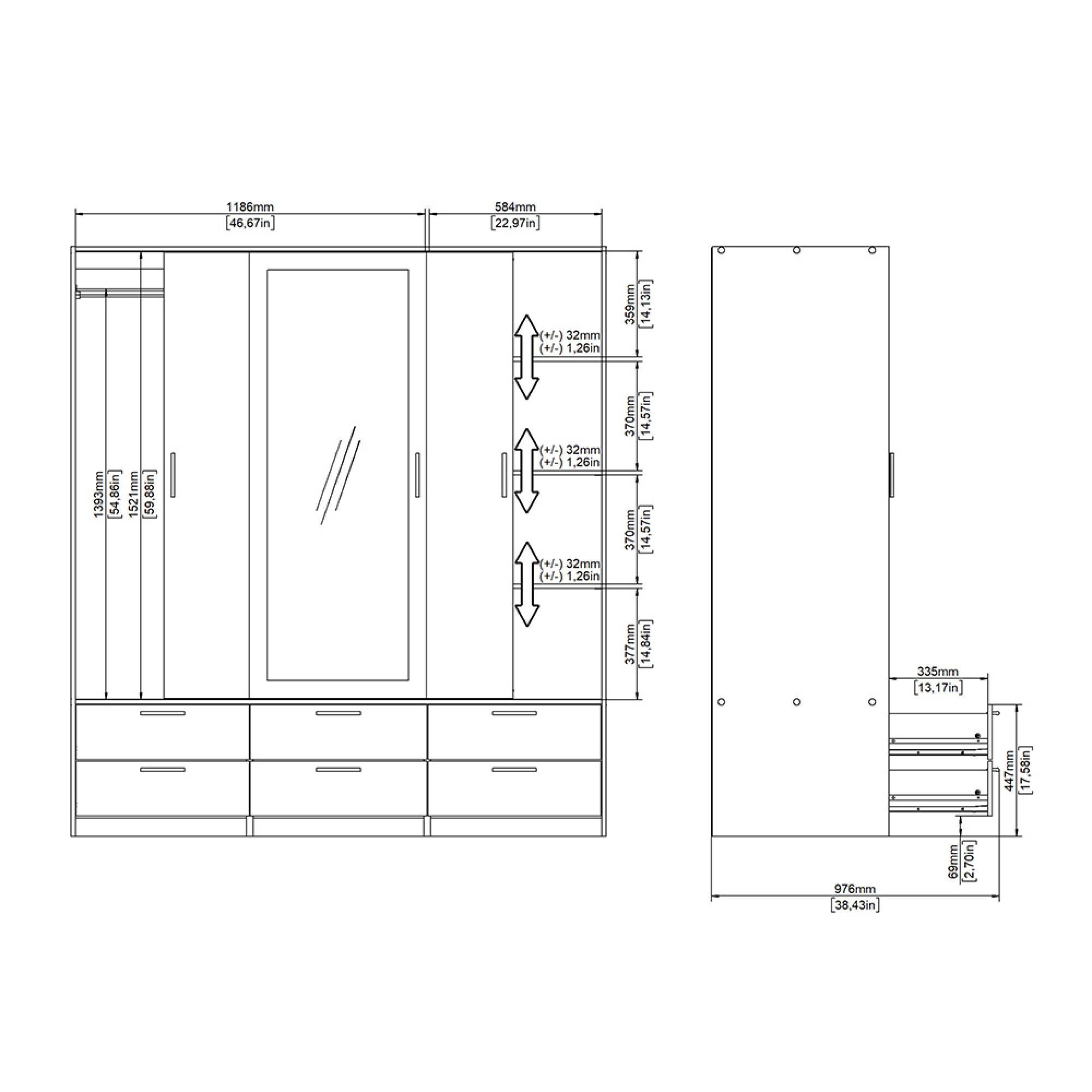 Line Wardrobe - 3 Door - 6 Drawer - Combi - Oak and White Gloss