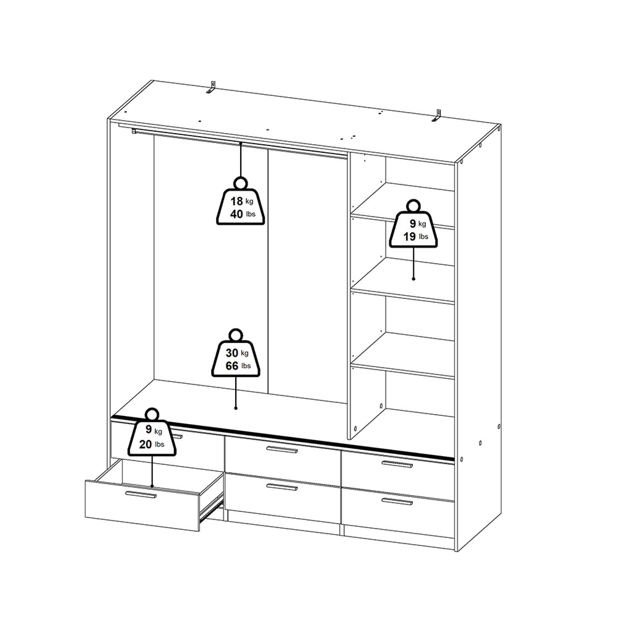 Line Wardrobe - 3 Door - 6 Drawer - Combi - Oak and White Gloss