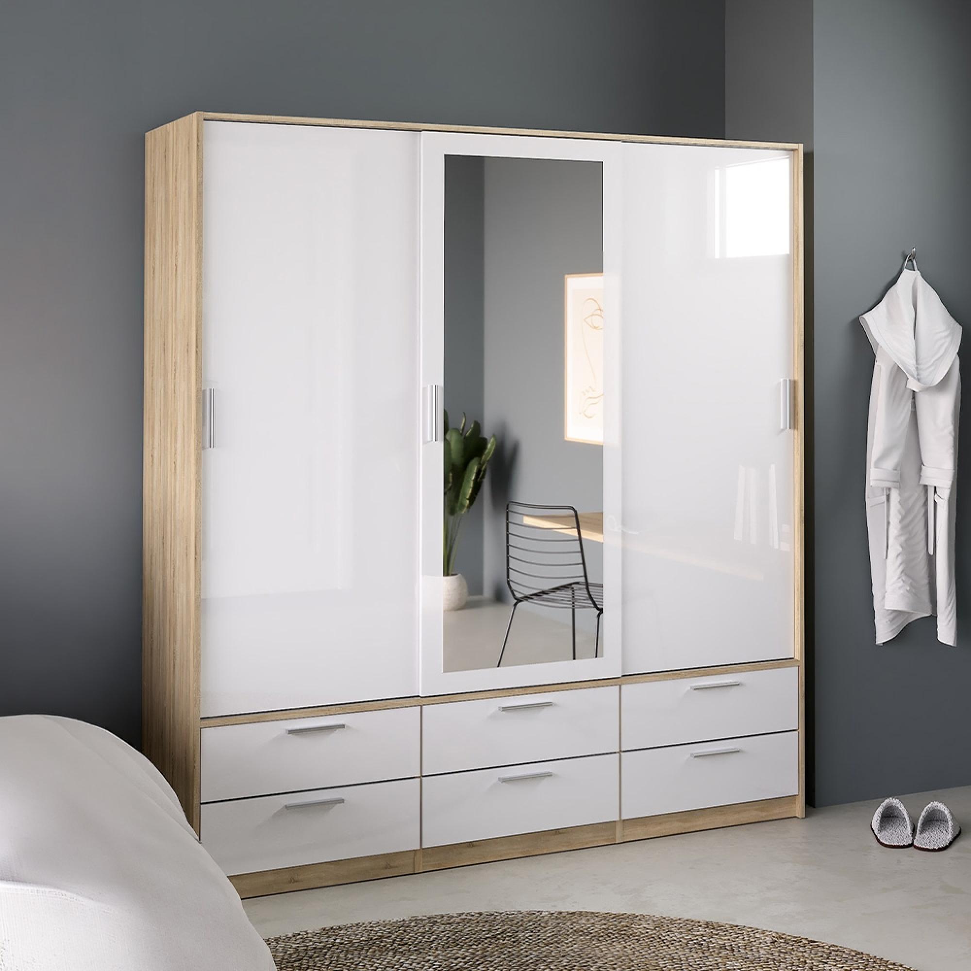 Line Wardrobe - 3 Door - 6 Drawer - Combi - Oak and White Gloss