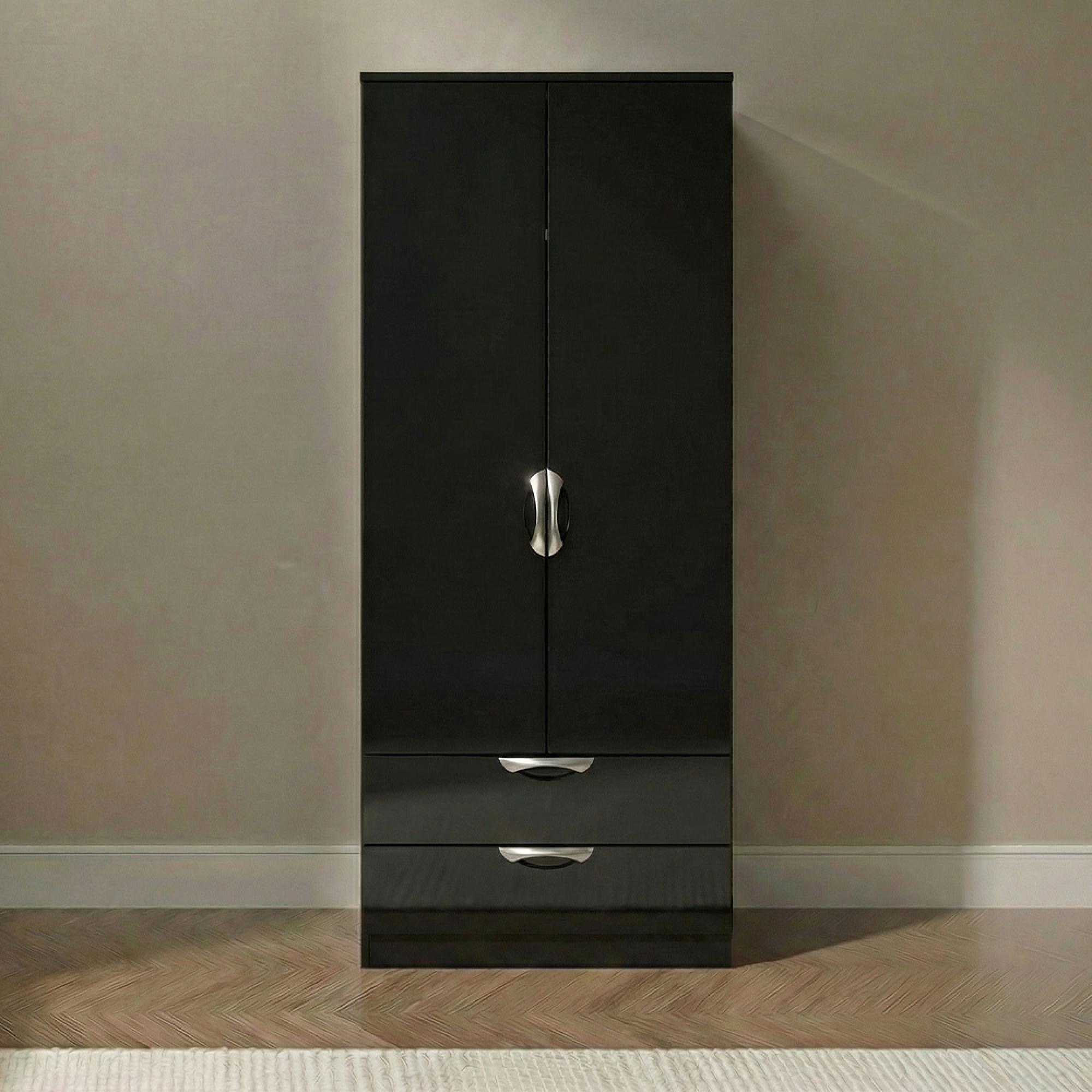 Camden Wardrobe - 2 Door - 2 Drawers - Tall - Black Gloss