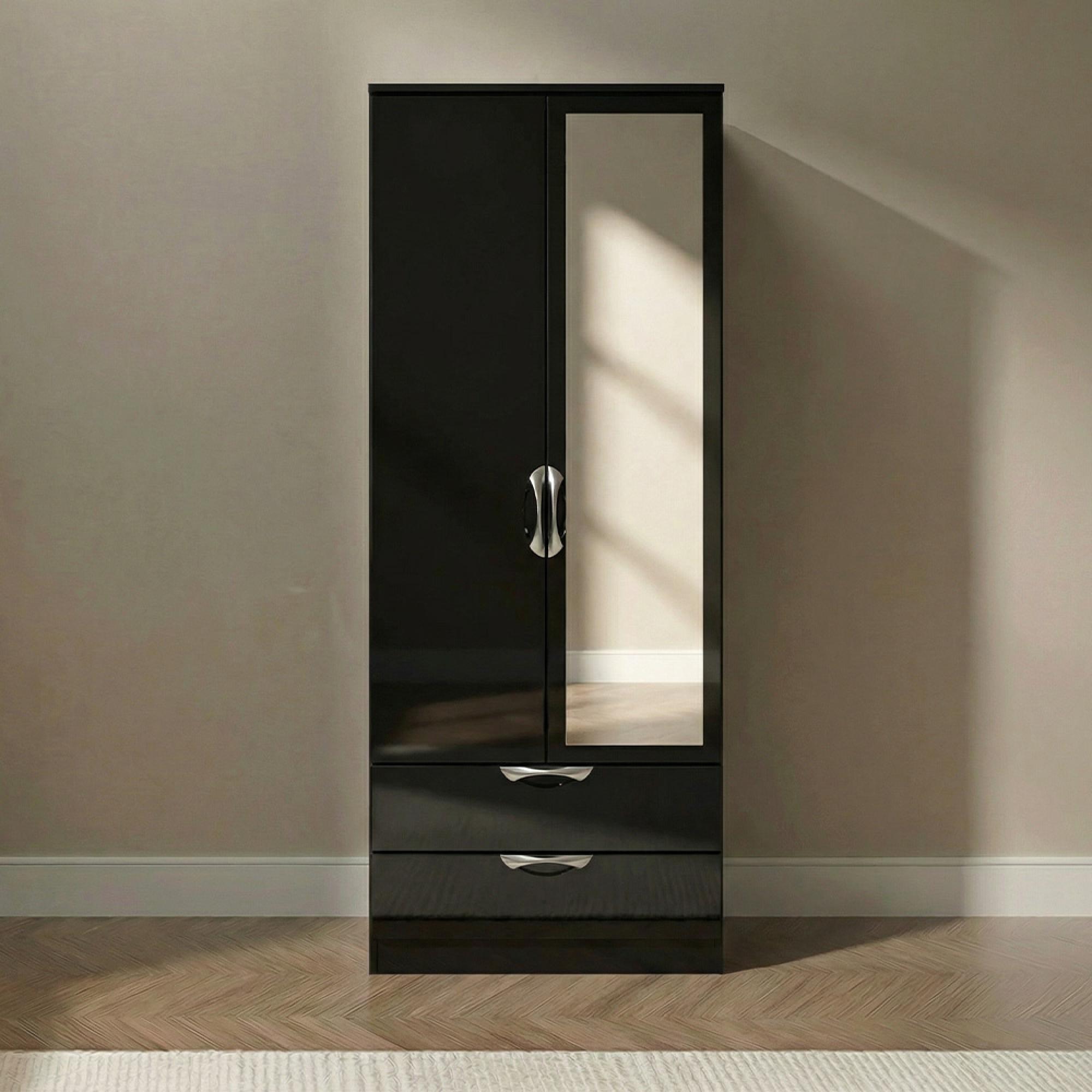 Camden Wardrobe - 2 Door - Tall Combi with 1 Mirror - Black Gloss